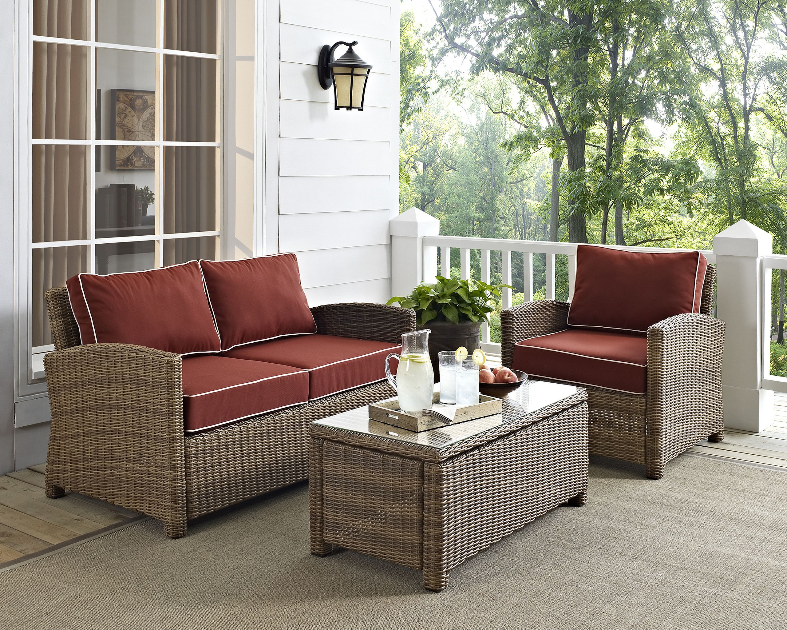 The appearance of Bradenton 3 Piece Wicker Outdoor Loveseat Patio Furniture Set In Sangria and Weathered Brown designed by Crosley Brands in the traditional interior design. This sangria piece of furniture  was selected by 1StopBedrooms from Bradenton Collection to add a touch of cosiness and style into your home. Sku: CO7115-WB;CO7116-WB;CO7208-WB;MO7495-SG. Material: Steel.