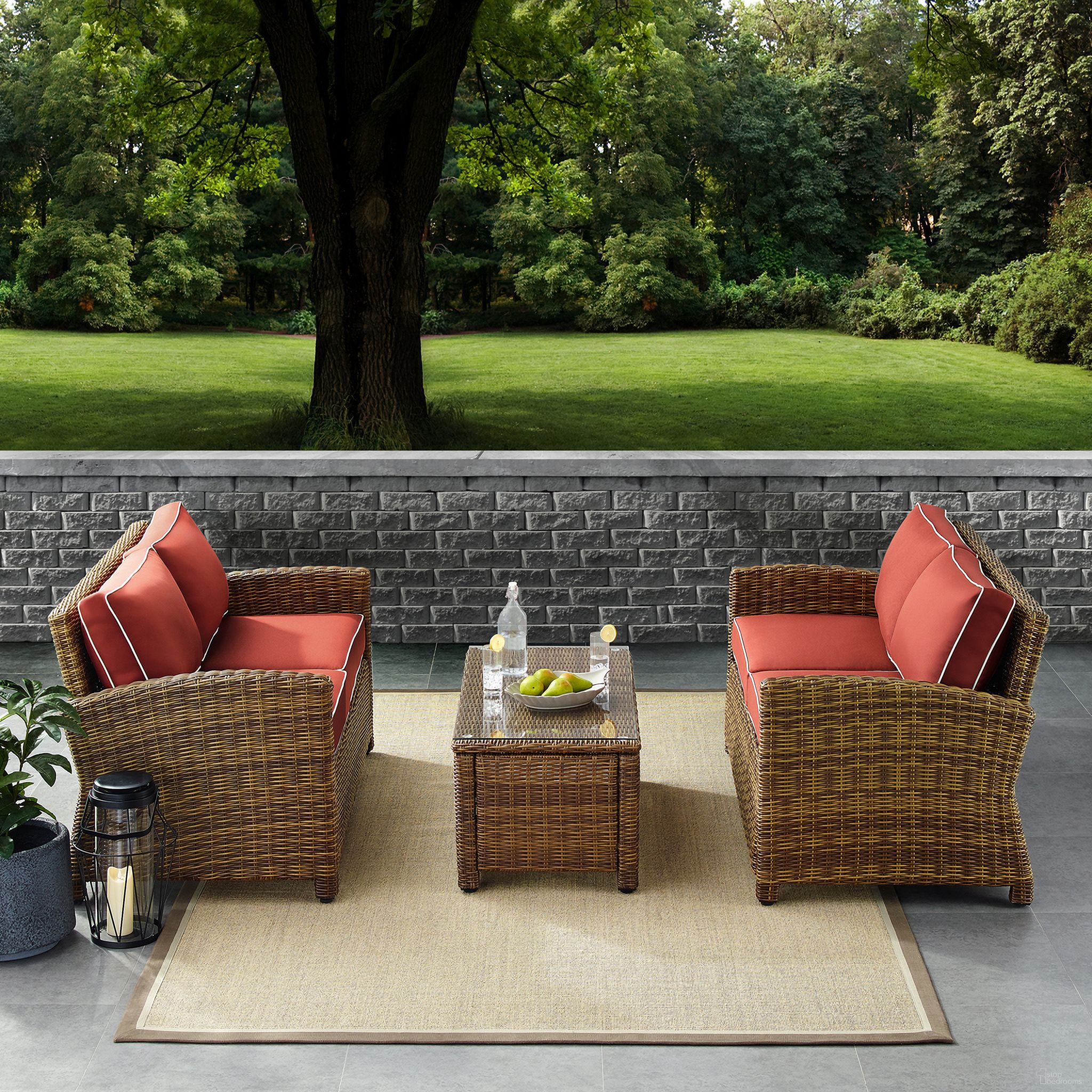 The appearance of Bradenton 3 Piece Wicker Outdoor Loveseat Patio Furniture Set In Sangria and Weathered Brown designed by Crosley Brands in the traditional interior design. This sangria piece of furniture  was selected by 1StopBedrooms from Bradenton Collection to add a touch of cosiness and style into your home. Sku: CO7115-WB;CO7115-WB;CO7208-WB;MO7496-SG. Material: PVC.