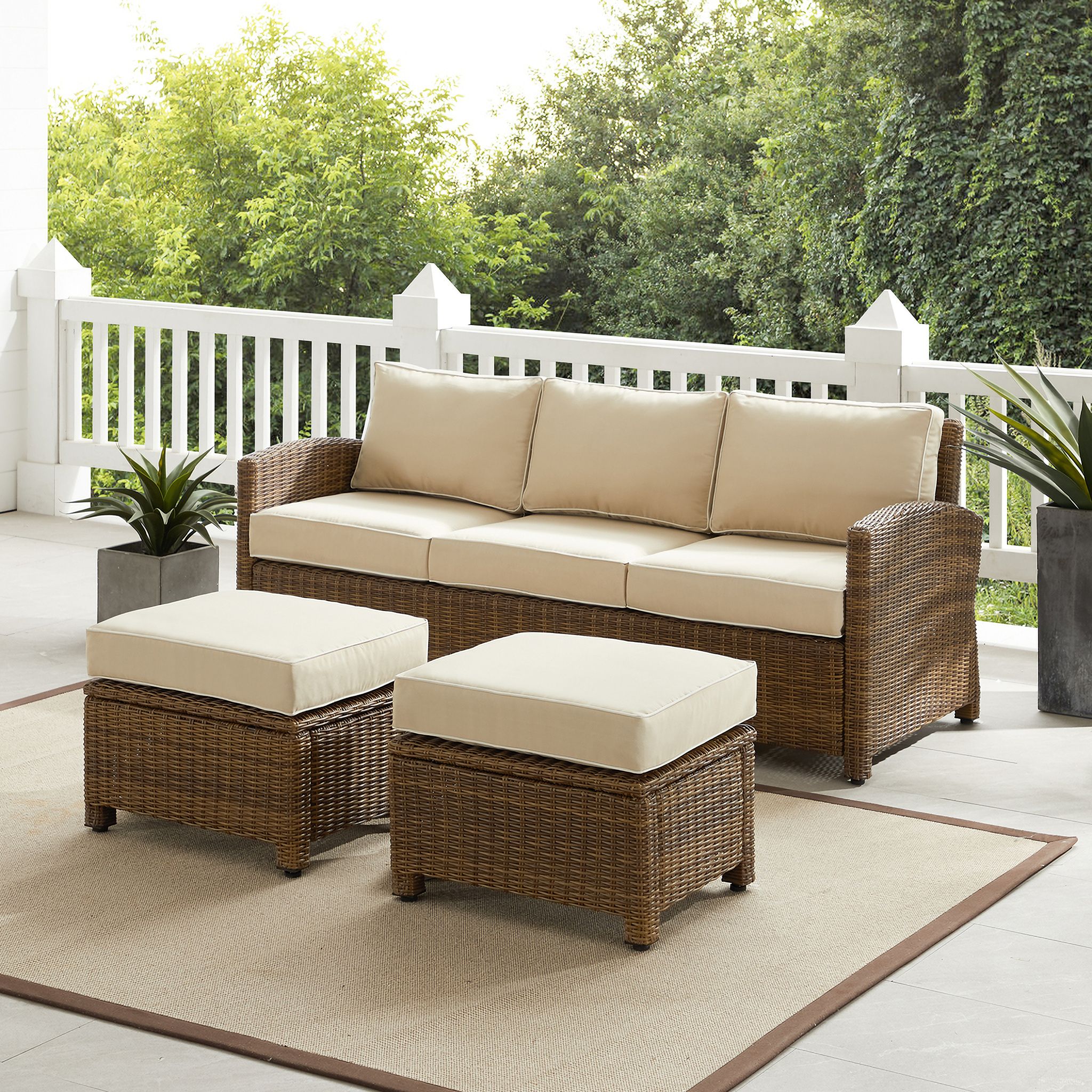 The appearance of Bradenton 3 Piece Wicker Outdoor Sofa Patio Furniture Set In Sand and Weathered Brown designed by Crosley Brands in the traditional interior design. This sand piece of furniture was selected by 1StopBedrooms from Bradenton Collection to add a touch of cosiness and style into your home. Sku: CO7131-WB-2OF2;CO7131-WB-1OF2;CO7126-WB;CO7126-WB;MO74994-SA. Material: Polyester.