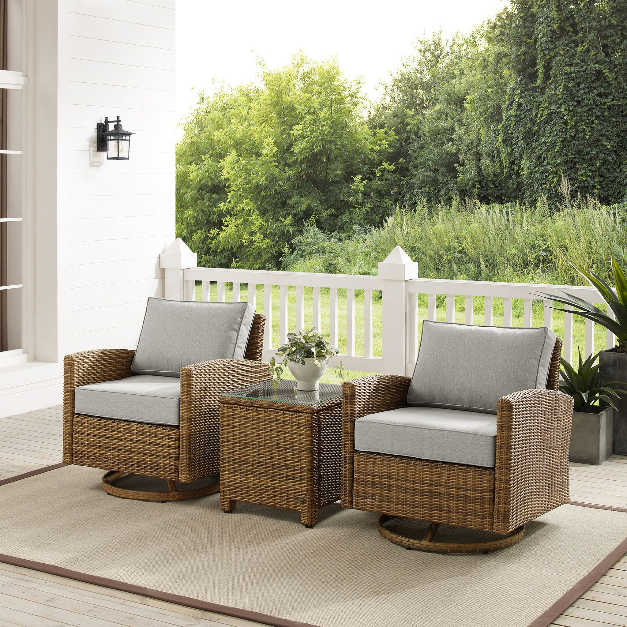 The appearance of Bradenton 3 Piece Wicker Swivel Rocker Outdoor Chair Set In Gray and Weathered Brown designed by Crosley Brands in the traditional interior design. This gray piece of furniture was selected by 1StopBedrooms from Bradenton Collection to add a touch of cosiness and style into your home. Sku: CO7127-WB;CO7127-WB;CO7219-WB;MO7499-GY. Material: Steel.