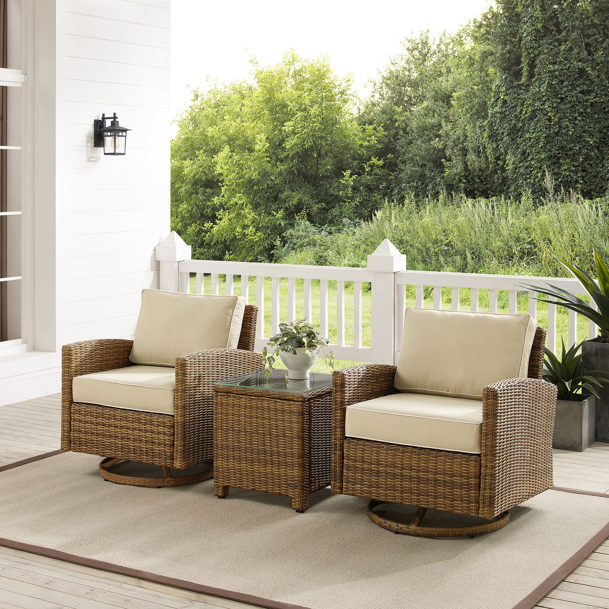 The appearance of Bradenton 3 Piece Wicker Swivel Rocker Outdoor Chair Set In Sand and Weathered Brown designed by Crosley Brands in the traditional interior design. This sand piece of furniture was selected by 1StopBedrooms from Bradenton Collection to add a touch of cosiness and style into your home. Sku: CO7127-WB;CO7127-WB;CO7219-WB;MO7499-SA. Material: Steel.