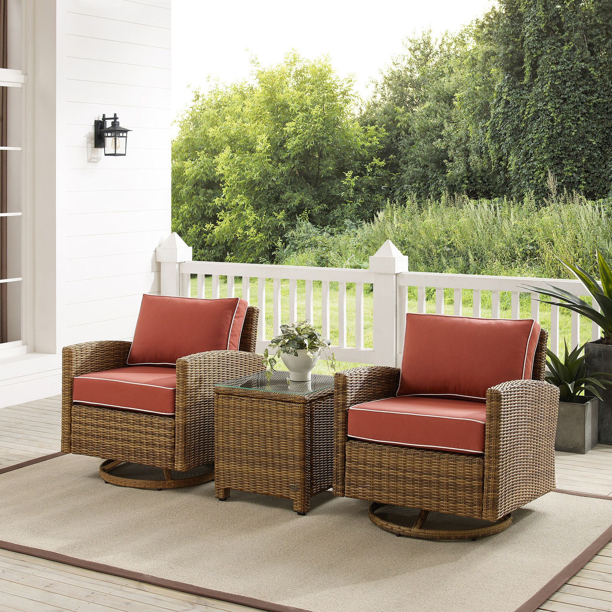 The appearance of Bradenton 3 Piece Wicker Swivel Rocker Outdoor Chair Set In Sangria and Weathered Brown designed by Crosley Brands in the traditional interior design. This sangria piece of furniture  was selected by 1StopBedrooms from Bradenton Collection to add a touch of cosiness and style into your home. Sku: CO7127-WB;CO7127-WB;CO7219-WB;MO7499-SG. Material: Steel.
