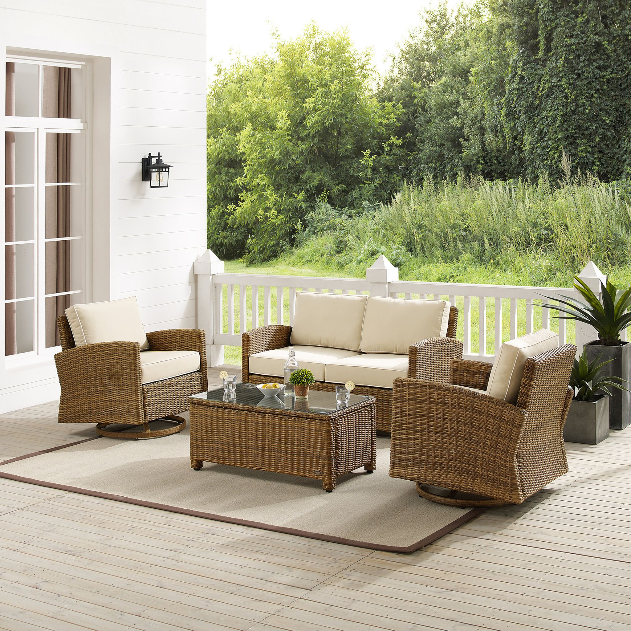 The appearance of Bradenton 4 Piece Wicker Outdoor Loveseat and Swivel Rocker Set In Sand and Weathered Brown designed by Crosley Brands in the traditional interior design. This sand piece of furniture was selected by 1StopBedrooms from Bradenton Collection to add a touch of cosiness and style into your home. Sku: CO7115-WB;CO7127-WB;CO7127-WB;CO7208-WB;MO7496-SA. Material: Steel.