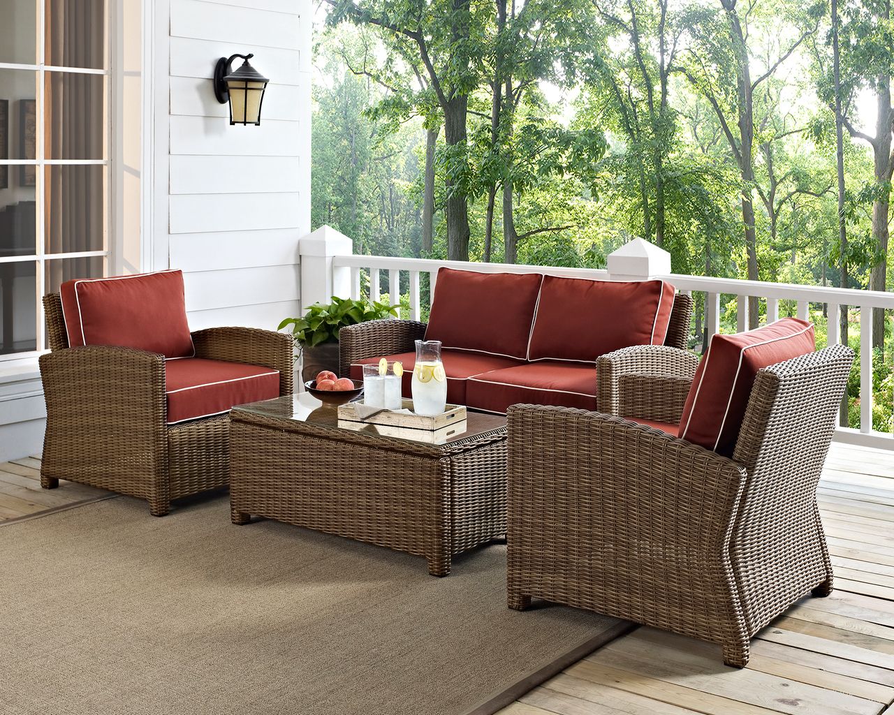 The appearance of Bradenton 4 Piece Wicker Outdoor Loveseat Patio Furniture Set In Sangria and Weathered Brown designed by Crosley Brands in the traditional interior design. This sangria piece of furniture  was selected by 1StopBedrooms from Bradenton Collection to add a touch of cosiness and style into your home. Sku: CO7115-WB;CO7116-WB;CO7116-WB;CO7208-WB;MO7496-SG. Material: Steel.