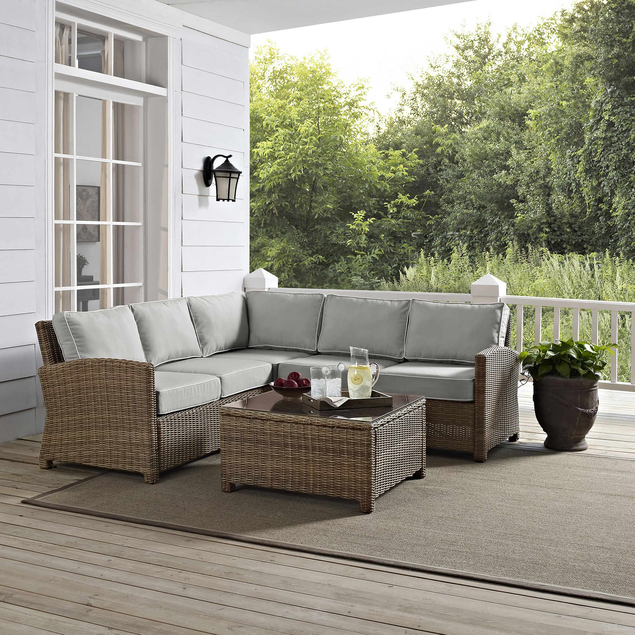 The appearance of Bradenton 4 Piece Wicker Outdoor Sectional Patio Furniture Set In Gray and Weathered Brown designed by Crosley Brands in the traditional interior design. This gray piece of furniture  was selected by 1StopBedrooms from Bradenton Collection to add a touch of cosiness and style into your home. Sku: CO7111-WB;CO7112-WB;CO7114-WB;CO7207-WB;MO7498-GY. Material: Polyester.
