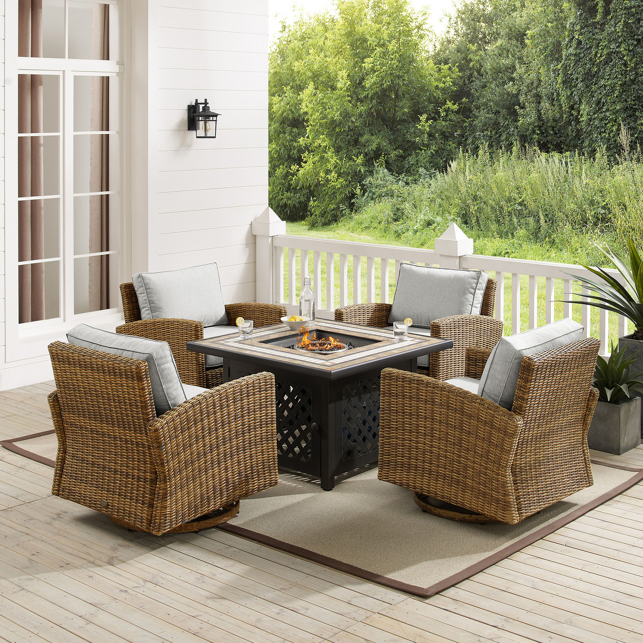 Bradenton 5 Piece Outdoor Swivel Rocker Set with Fire Table In Gray and