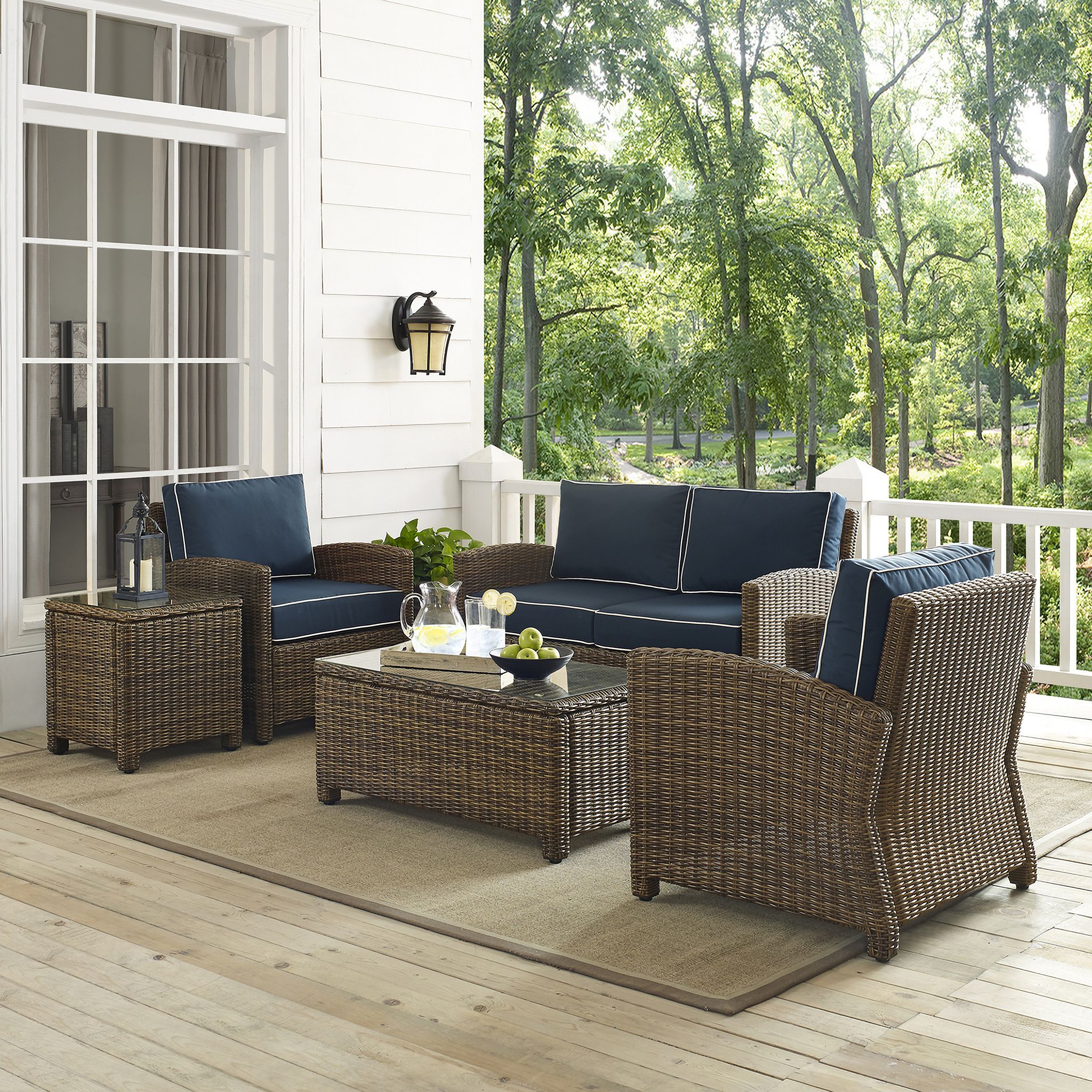 The appearance of Bradenton 5 Piece Wicker Outdoor Loveseat Patio Furniture Set In Navy and Weathered Brown designed by Crosley Brands in the traditional interior design. This navy piece of furniture  was selected by 1StopBedrooms from Bradenton Collection to add a touch of cosiness and style into your home. Sku: CO7115-WB;CO7116-WB;CO7116-WB;CO7208-WB;CO7219-WB;MO7496-NV. Material: Steel.