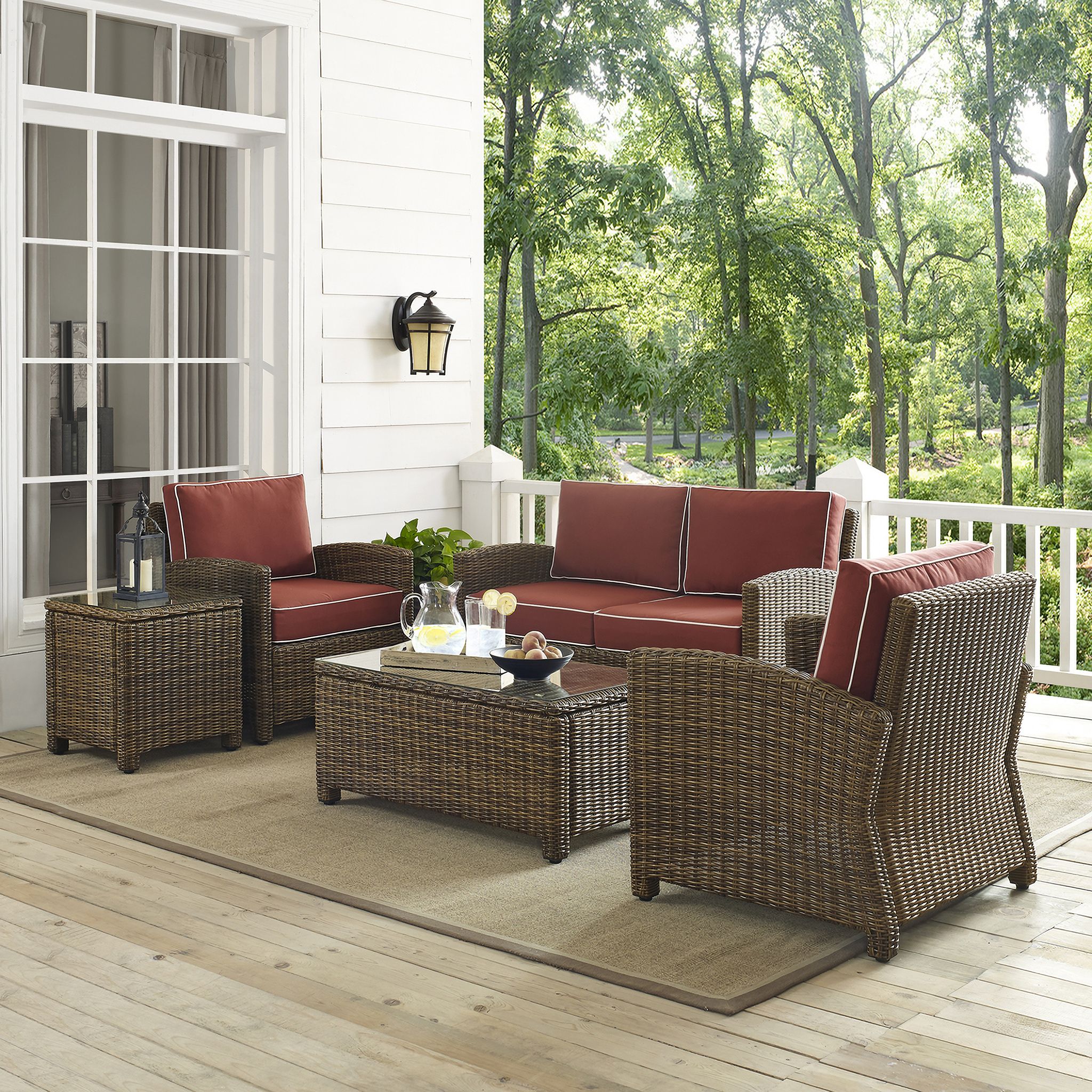 The appearance of Bradenton 5 Piece Wicker Outdoor Loveseat Patio Furniture Set In Sangria and Weathered Brown designed by Crosley Brands in the traditional interior design. This sangria piece of furniture  was selected by 1StopBedrooms from Bradenton Collection to add a touch of cosiness and style into your home. Sku: CO7115-WB;CO7116-WB;CO7116-WB;CO7208-WB;CO7219-WB;MO7496-SG. Material: Steel.