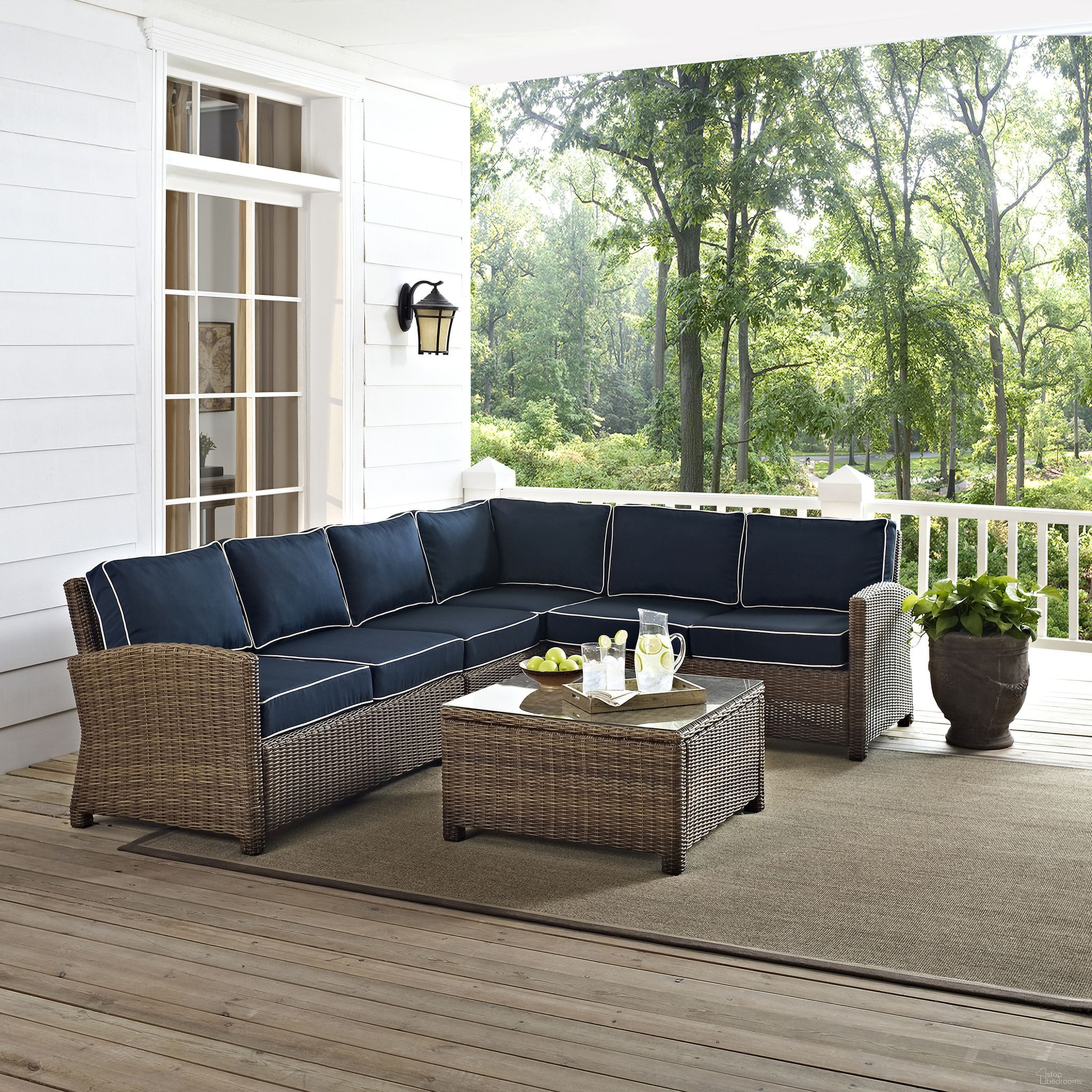 The appearance of Bradenton 5 Piece Wicker Outdoor Sectional Patio Furniture Set In Navy and Weathered Brown designed by Crosley Brands in the traditional interior design. This navy piece of furniture  was selected by 1StopBedrooms from Bradenton Collection to add a touch of cosiness and style into your home. Sku: CO7112-WB;CO7111-WB;CO7114-WB;CO7113-WB;CO7207-WB;MO7497-NV. Material: Steel.
