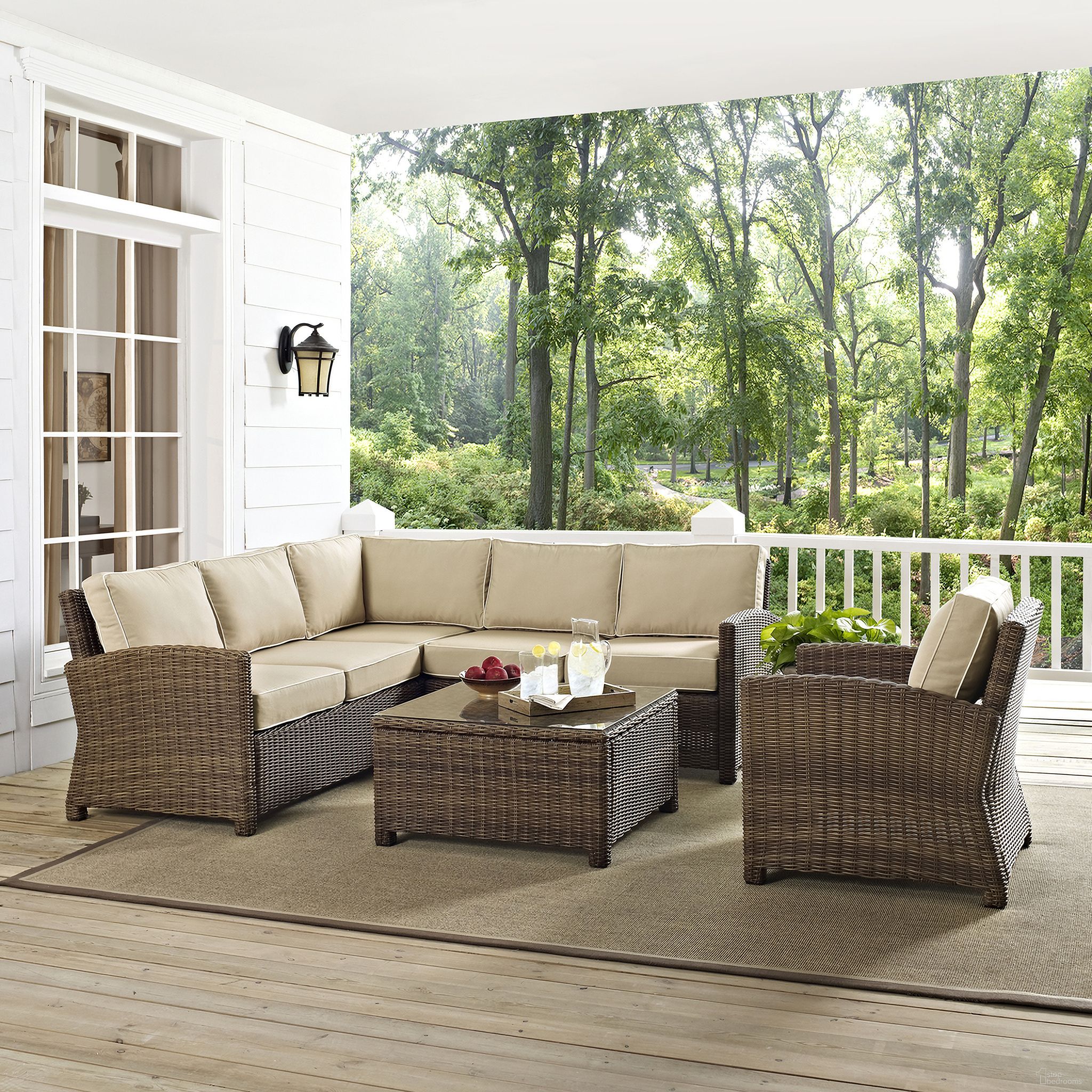 The appearance of Bradenton 5 Piece Wicker Outdoor Sectional Patio Furniture Set In Sand and Weathered Brown designed by Crosley Brands in the traditional interior design. This sand piece of furniture  was selected by 1StopBedrooms from Bradenton Collection to add a touch of cosiness and style into your home. Sku: CO7112-WB;CO7111-WB;CO7114-WB;CO7116-WB;CO7207-WB;MO7497-SA. Material: Steel.