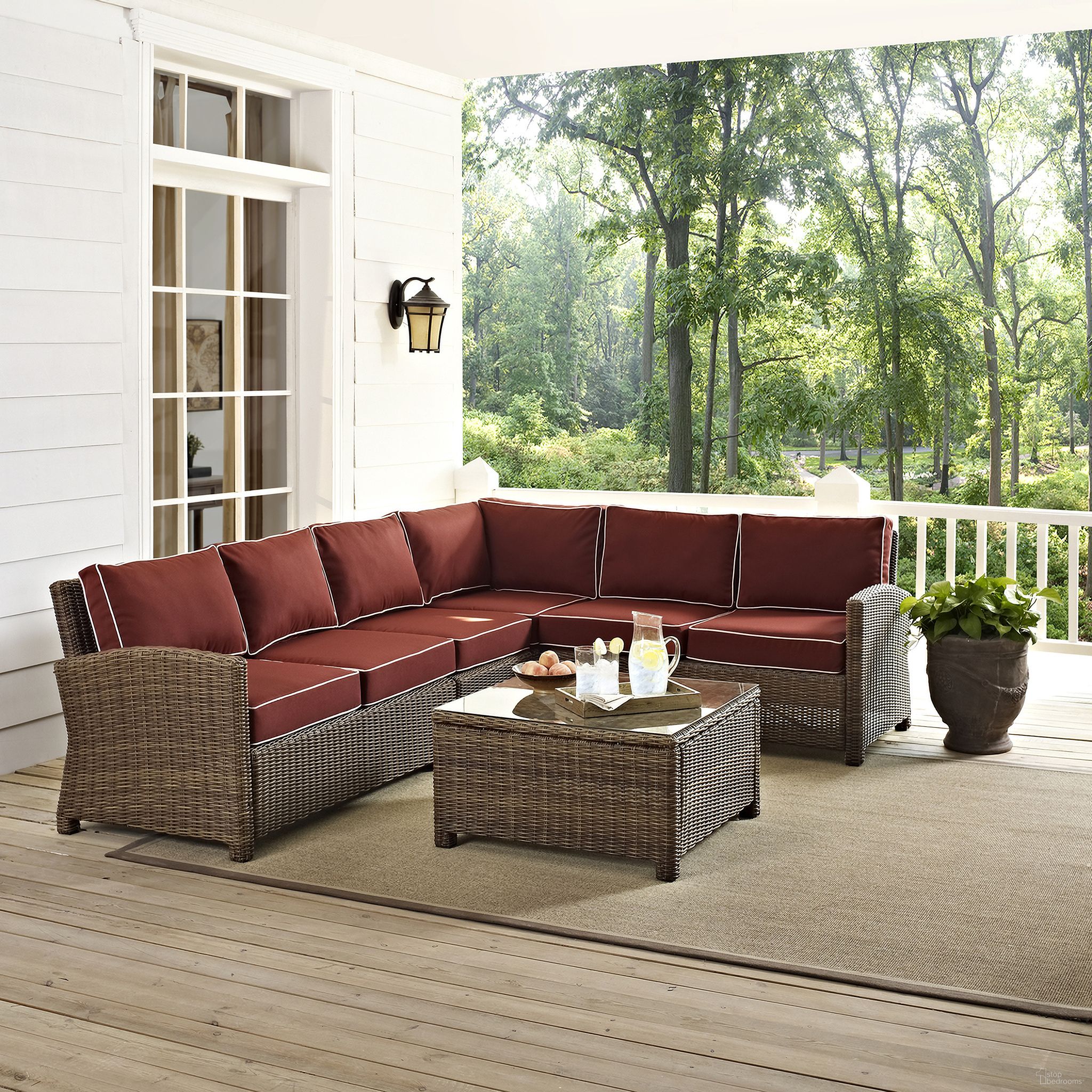 The appearance of Bradenton 5 Piece Wicker Outdoor Sectional Patio Furniture Set In Sangria and Weathered Brown designed by Crosley Brands in the traditional interior design. This sangria piece of furniture  was selected by 1StopBedrooms from Bradenton Collection to add a touch of cosiness and style into your home. Sku: CO7112-WB;CO7111-WB;CO7114-WB;CO7113-WB;CO7207-WB;MO7497-SG. Material: Steel.