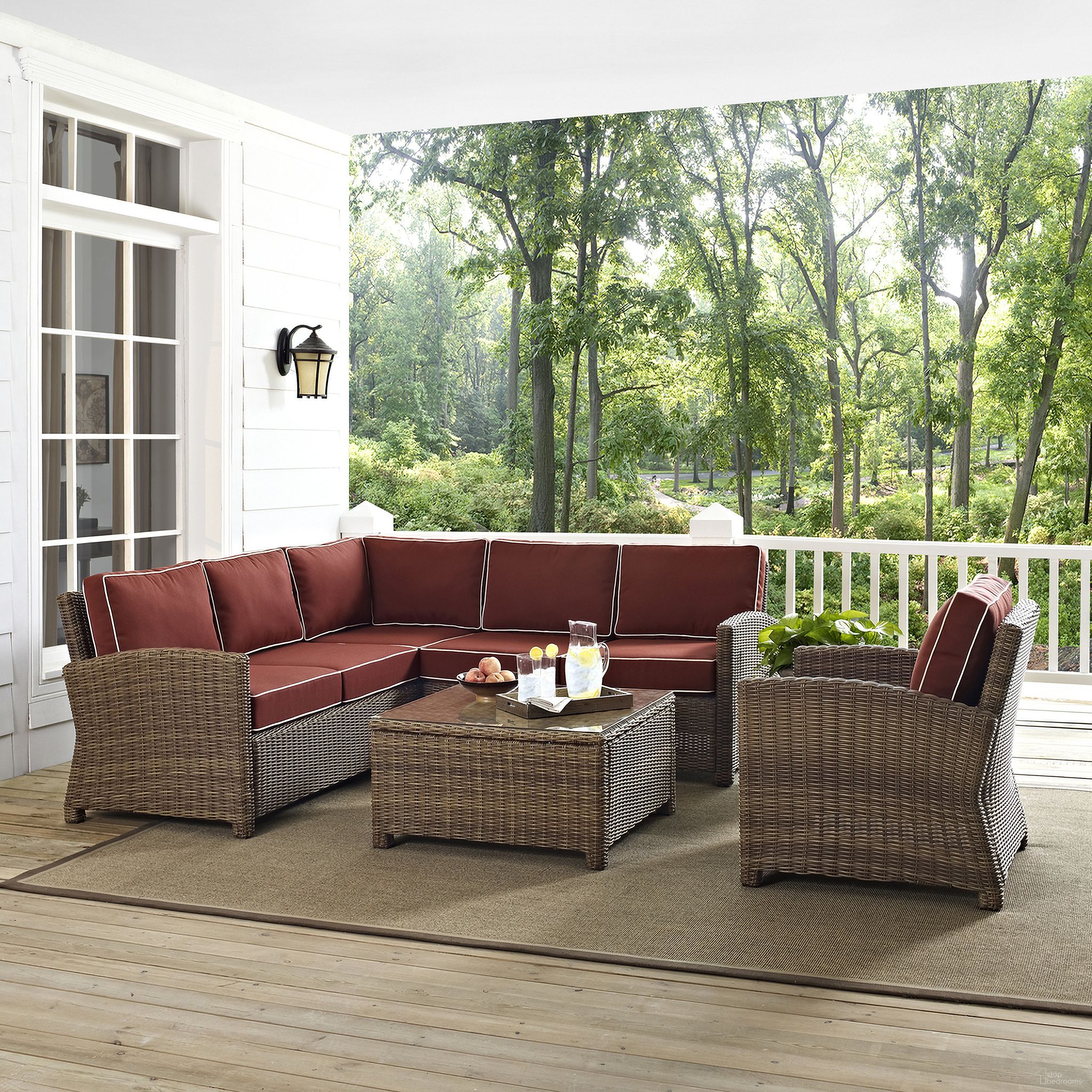 The appearance of Bradenton 5 Piece Wicker Outdoor Sectional Patio Furniture Set In Sangria and Weathered Brown designed by Crosley Brands in the traditional interior design. This sangria piece of furniture was selected by 1StopBedrooms from Bradenton Collection to add a touch of cosiness and style into your home. Sku: CO7111-WB;CO7112-WB;CO7114-WB;CO7116-WB;CO7207-WB;MO7497-SG. Material: Steel.