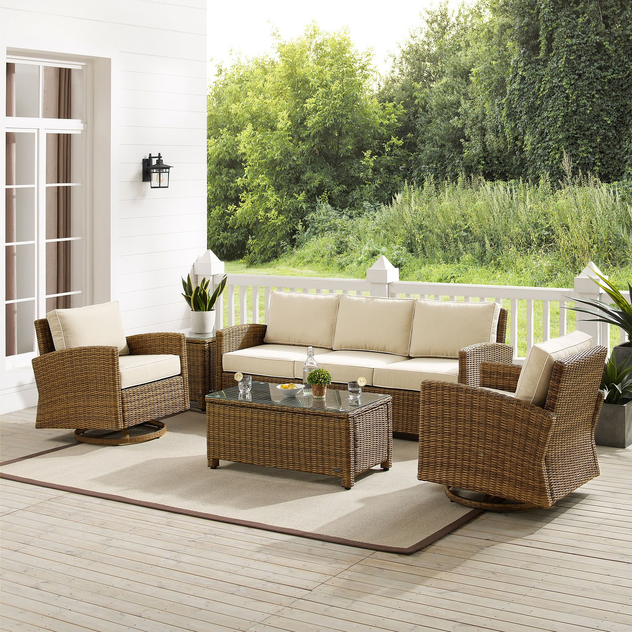 The appearance of Bradenton 5 Piece Wicker Outdoor Sofa and Swivel Rocker Set In Sand and Weathered Brown designed by Crosley Brands in the traditional interior design. This sand piece of furniture  was selected by 1StopBedrooms from Bradenton Collection to add a touch of cosiness and style into your home. Sku: CO7131-WB-2OF2;CO7127-WB;CO7127-WB;CO7131-WB-1OF2;CO7208-WB;CO7219-WB;MO7494-SA. Material: Steel.