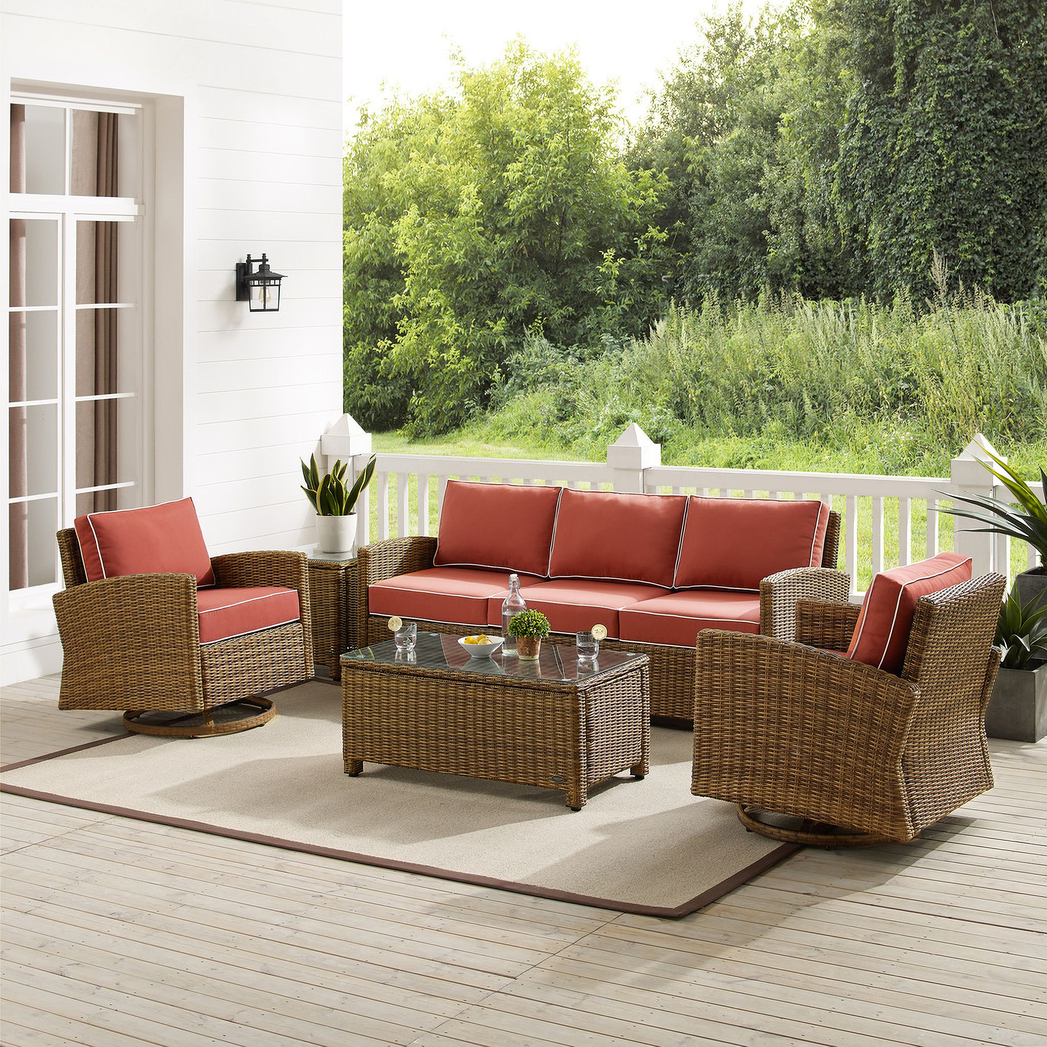 The appearance of Bradenton 5 Piece Wicker Outdoor Sofa and Swivel Rocker Set In Sangria and Weathered Brown designed by Crosley Brands in the traditional interior design. This sangria piece of furniture  was selected by 1StopBedrooms from Bradenton Collection to add a touch of cosiness and style into your home. Sku: CO7131-WB-2OF2;CO7127-WB;CO7127-WB;CO7131-WB-1OF2;CO7208-WB;CO7219-WB;MO7494-SG. Material: Steel.