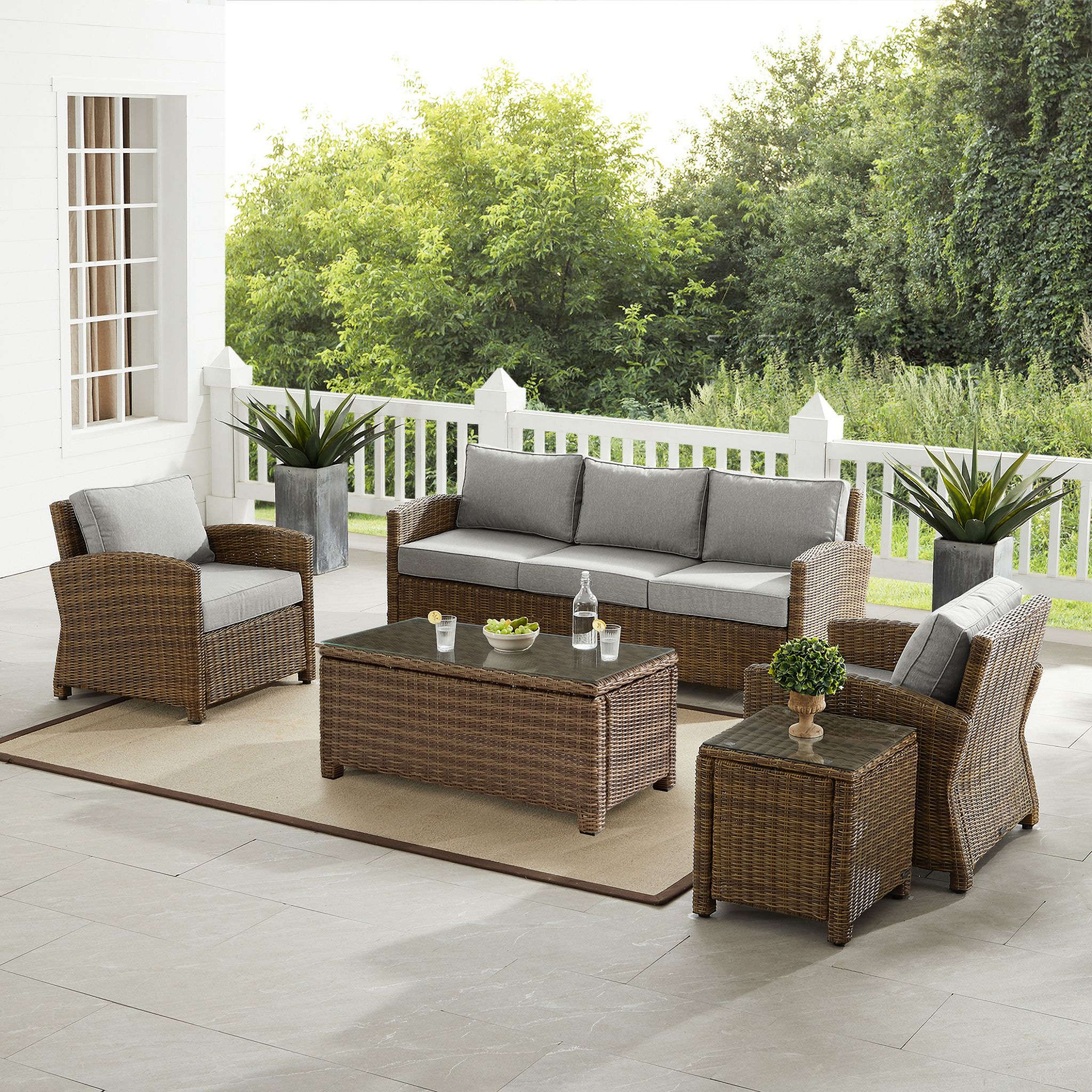 The appearance of Bradenton 5 Piece Wicker Outdoor Sofa Patio Furniture Set In Gray and Weathered Brown designed by Crosley Brands in the traditional interior design. This gray piece of furniture  was selected by 1StopBedrooms from Bradenton Collection to add a touch of cosiness and style into your home. Sku: CO7131-WB-2OF2;CO7131-WB-1OF2;CO7116-WB;CO7116-WB;CO7208-WB;CO7219-WB;MO7494-GY. Material: Steel.