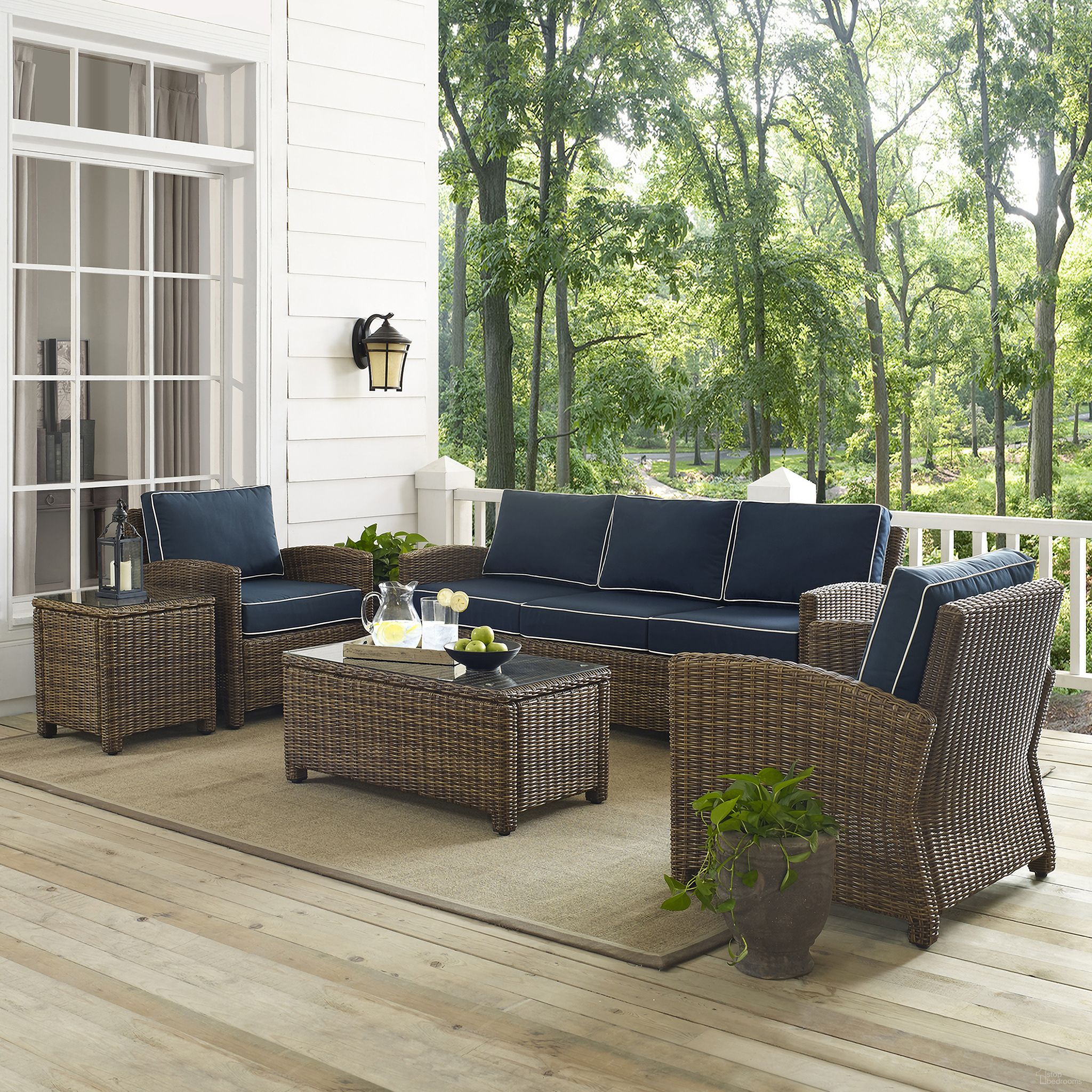 The appearance of Bradenton 5 Piece Wicker Outdoor Sofa Patio Furniture Set In Navy and Weathered Brown designed by Crosley Brands in the traditional interior design. This navy piece of furniture was selected by 1StopBedrooms from Bradenton Collection to add a touch of cosiness and style into your home. Sku: CO7131-WB-2OF2;CO7131-WB-1OF2;CO7116-WB;CO7116-WB;CO7208-WB;CO7219-WB;MO7494-NV. Material: Steel.