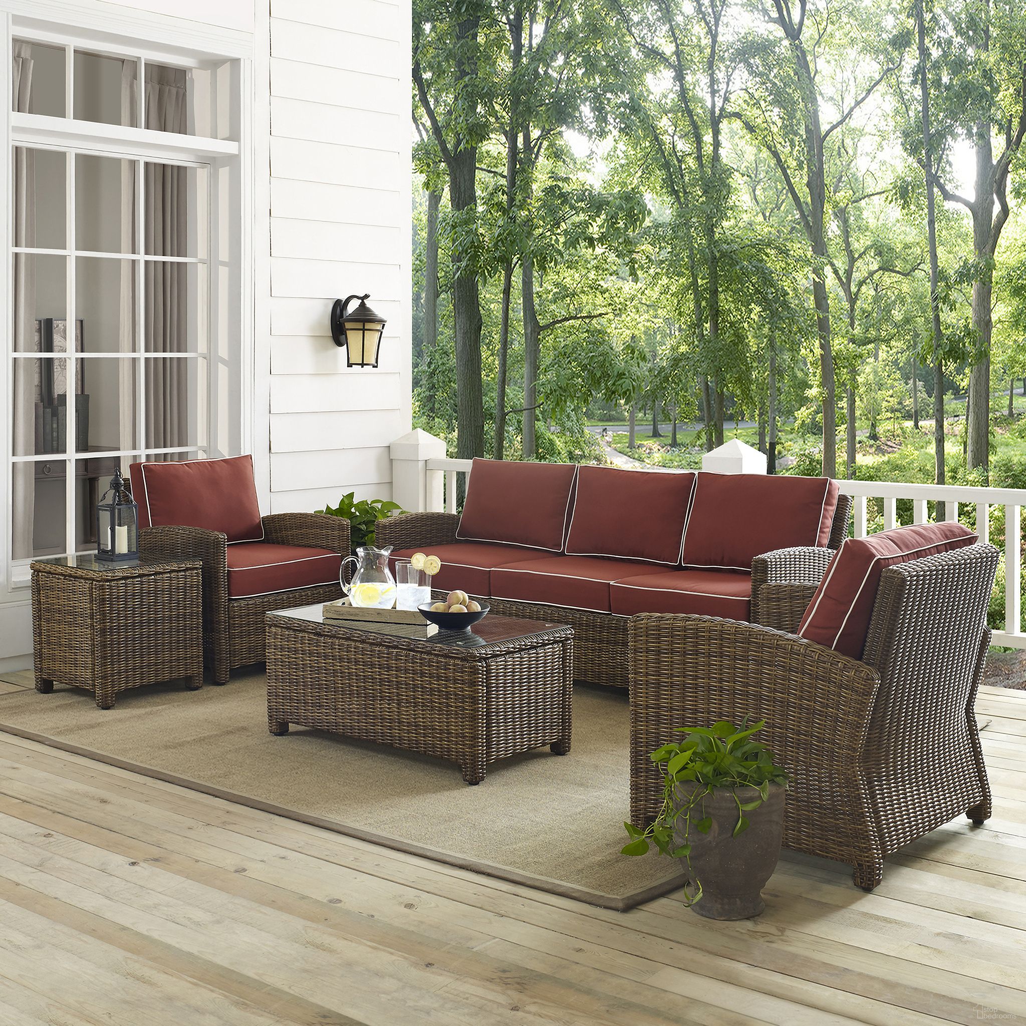 The appearance of Bradenton 5 Piece Wicker Outdoor Sofa Patio Furniture Set In Sangria and Weathered Brown designed by Crosley Brands in the traditional interior design. This sangria piece of furniture  was selected by 1StopBedrooms from Bradenton Collection to add a touch of cosiness and style into your home. Sku: CO7131-WB-2OF2;CO7131-WB-1OF2;CO7116-WB;CO7116-WB;CO7208-WB;CO7219-WB;MO7494-SG. Material: Steel.