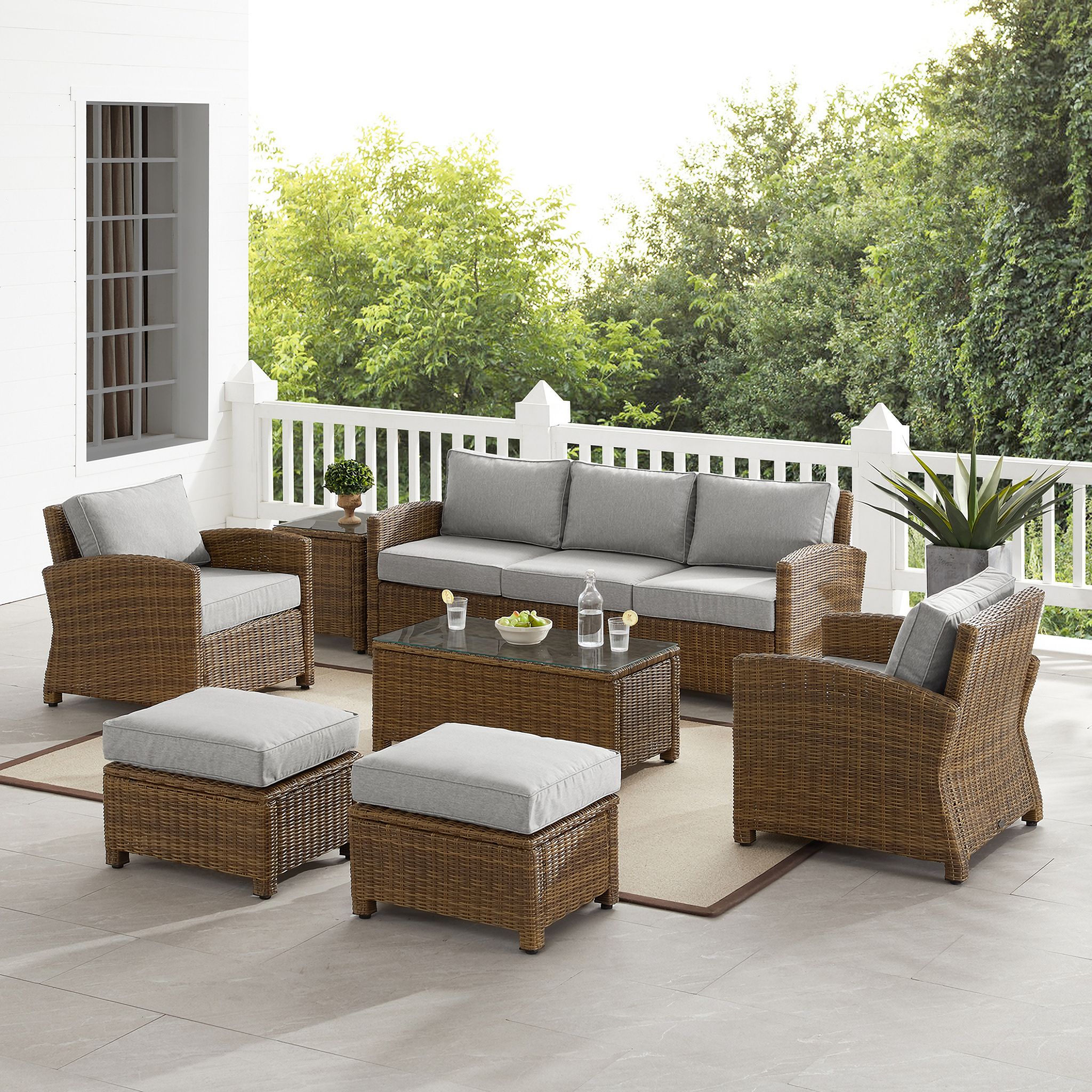 The appearance of Bradenton 7 Piece Wicker Outdoor Sofa Patio Furniture Set In Gray and Weathered Brown designed by Crosley Brands in the traditional interior design. This gray piece of furniture was selected by 1StopBedrooms from Bradenton Collection to add a touch of cosiness and style into your home. Sku: CO7131-WB-2OF2;CO7131-WB-1OF2;CO7116-WB;CO7116-WB;CO7126-WB;CO7126-WB;CO7208-WB;CO7219-WB;MO74993-GY. Material: Steel.