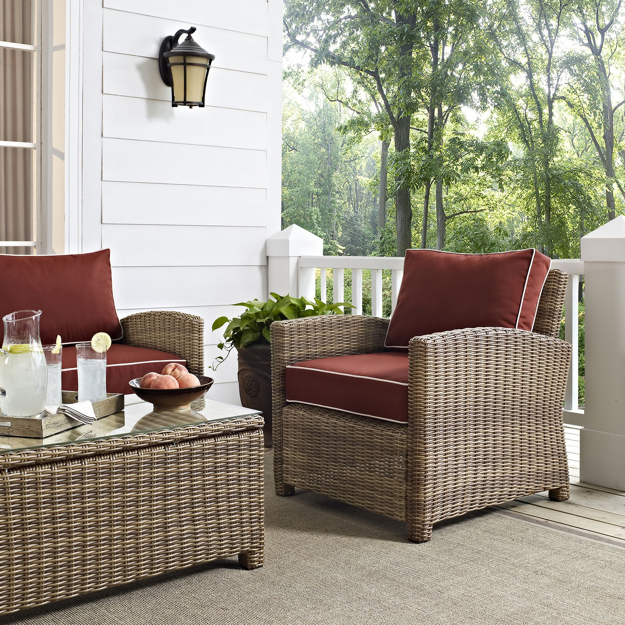 The appearance of Bradenton Wicker Outdoor Chair In Sangria and Weathered Brown designed by Crosley Brands in the traditional interior design. This sangria piece of furniture  was selected by 1StopBedrooms from Bradenton Collection to add a touch of cosiness and style into your home. Sku: CO7116-WB;CO7401-SG. Material: Polyester.