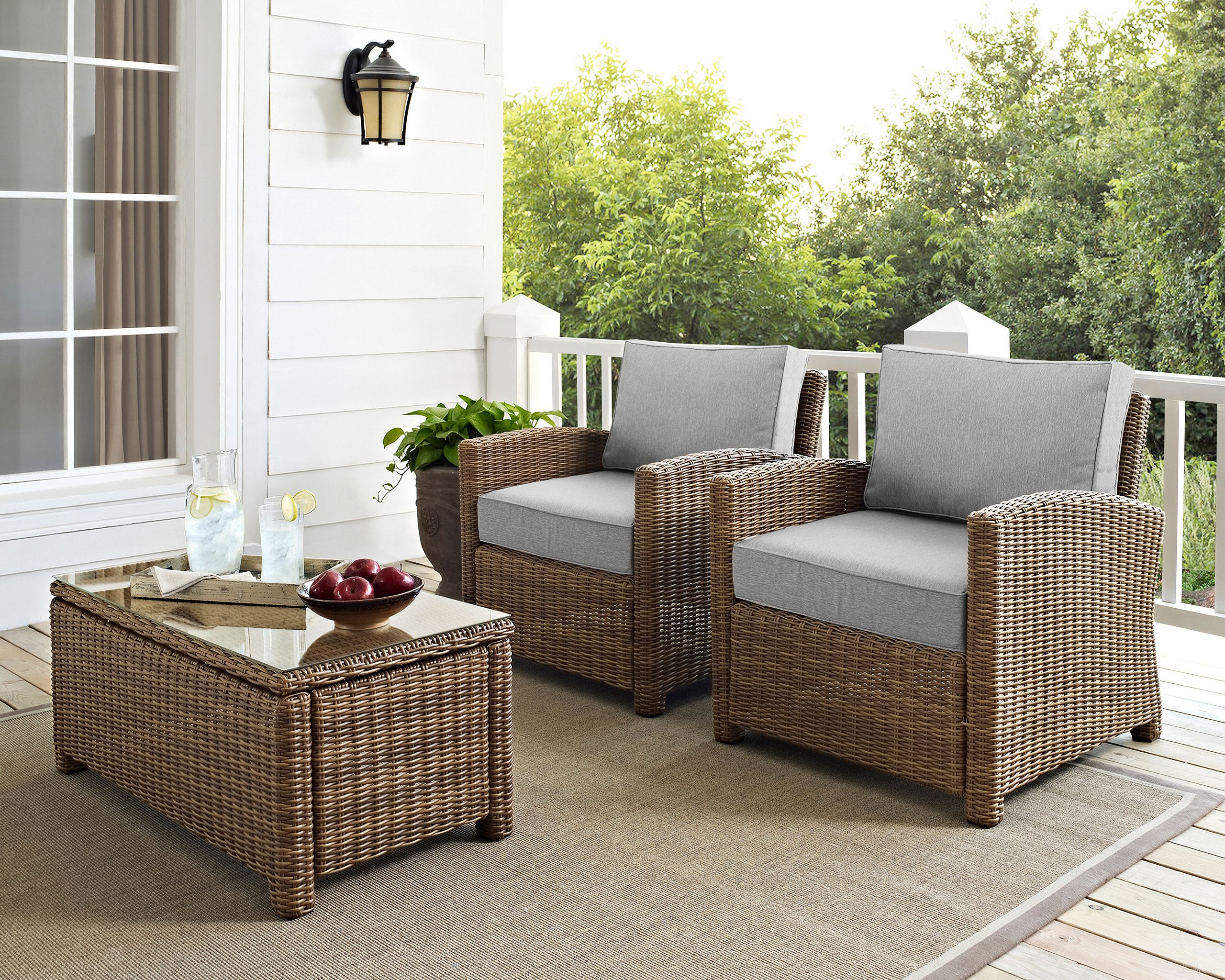 The appearance of Bradenton Wicker Outdoor Chair Set of 2 In Gray and Weathered Brown designed by Crosley Brands in the traditional interior design. This gray piece of furniture was selected by 1StopBedrooms from Bradenton Collection to add a touch of cosiness and style into your home. Sku: CO7116-WB;CO7116-WB;MO7499-GY. Material: Polyester.