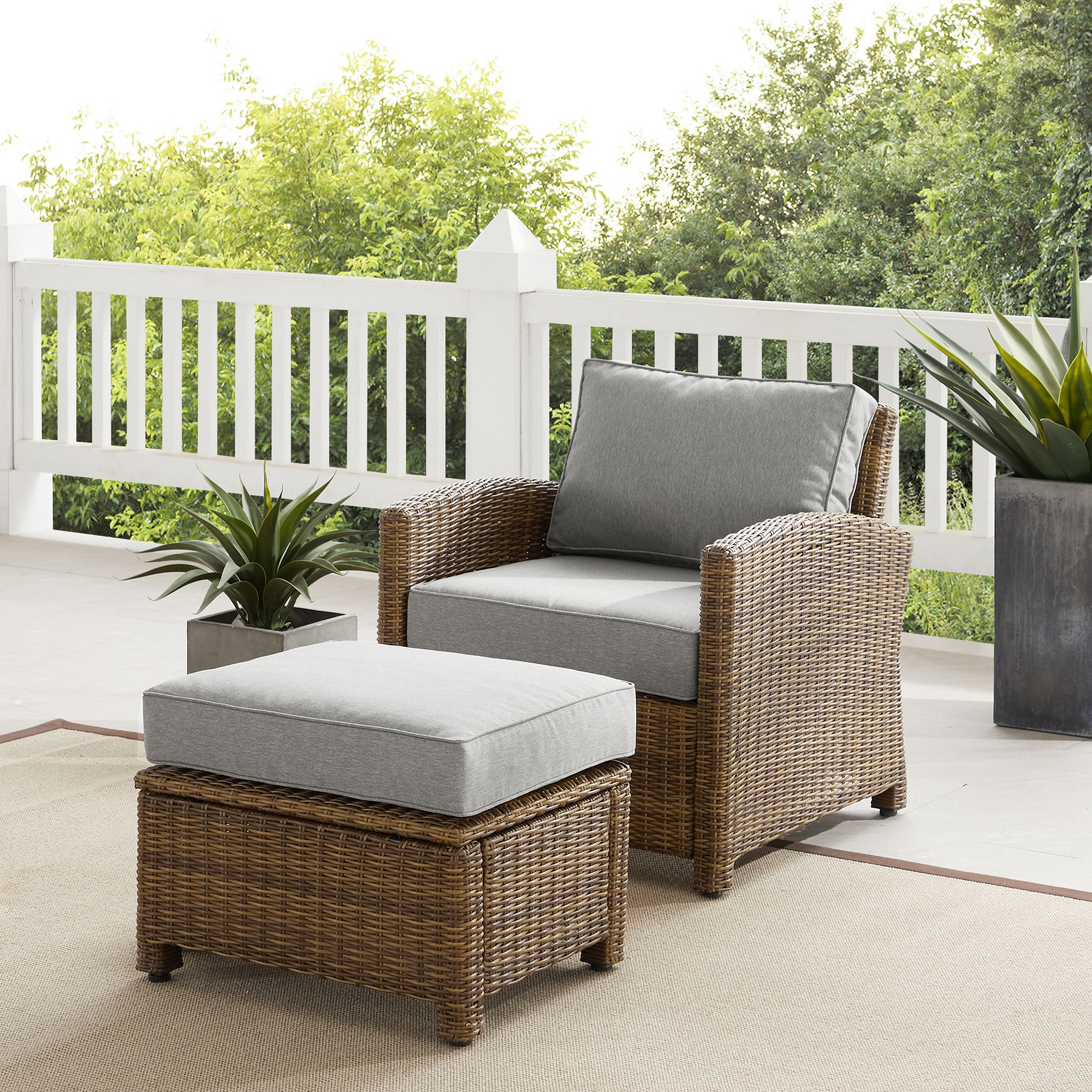 The appearance of Bradenton Wicker Outdoor Chair Set of 2 In Gray and Weathered Brown designed by Crosley Brands in the traditional interior design. This gray piece of furniture  was selected by 1StopBedrooms from Bradenton Collection to add a touch of cosiness and style into your home. Sku: CO7116-WB;CO7126-WB;MO74991-GY. Material: Polyester.
