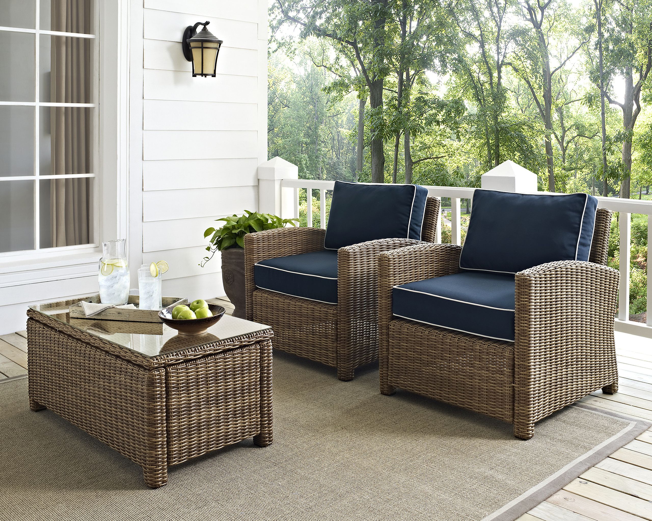 The appearance of Bradenton Wicker Outdoor Chair Set of 2 In Navy and Weathered Brown designed by Crosley Brands in the traditional interior design. This navy piece of furniture  was selected by 1StopBedrooms from Bradenton Collection to add a touch of cosiness and style into your home. Sku: CO7116-WB;CO7116-WB;MO7499-NV. Material: Polyester.