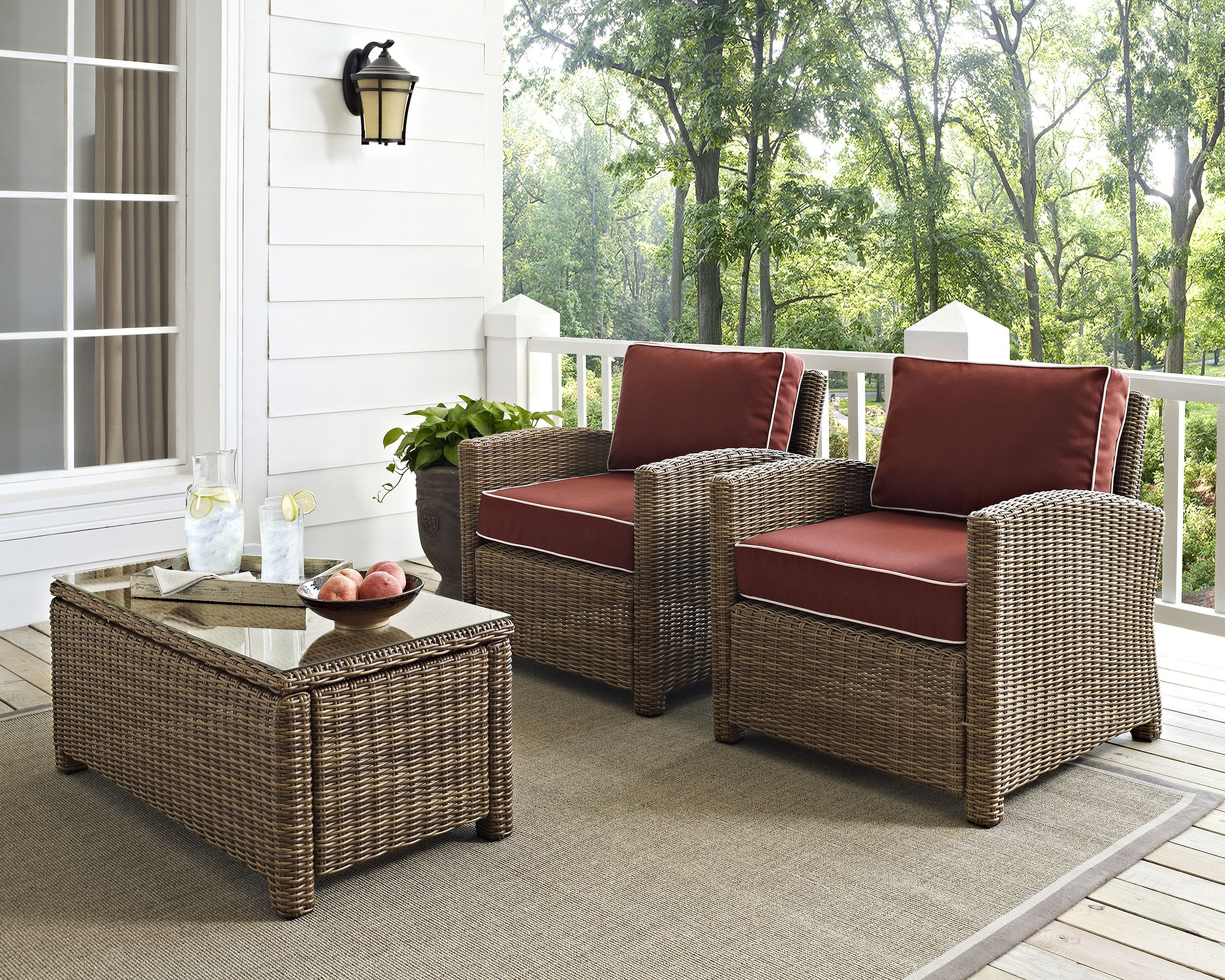 The appearance of Bradenton Wicker Outdoor Chair Set of 2 In Sangria and Weathered Brown designed by Crosley Brands in the traditional interior design. This sangria piece of furniture  was selected by 1StopBedrooms from Bradenton Collection to add a touch of cosiness and style into your home. Sku: CO7116-WB;CO7116-WB;MO7499-SG. Material: Polyester.