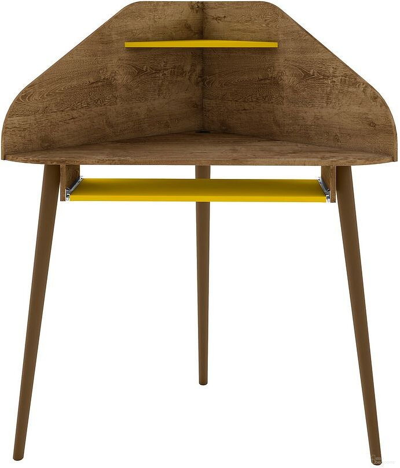 The appearance of Bradley Corner Desk With Keyboard Shelf In Rustic Brown And Yellow designed by Manhattan Comfort in the transitional interior design. This brown and yellow piece of furniture  was selected by 1StopBedrooms from Bradley Collection to add a touch of cosiness and style into your home. Sku: 229BMC94. Material: MDF.