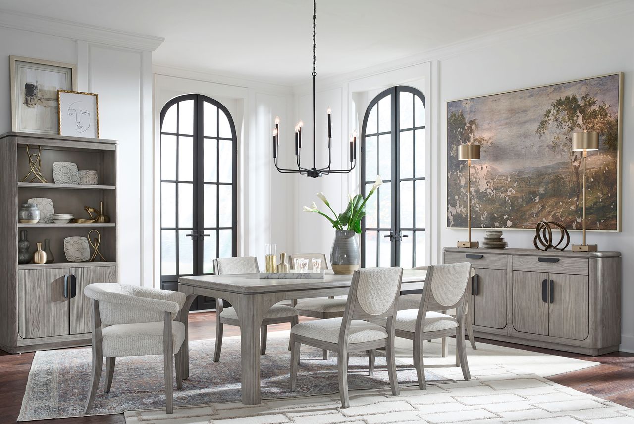 The appearance of Braelyn Extendable Rectangular Dining Set In Dorian Grey designed by Magnussen in the transitional interior design. This dorian grey piece of furniture was selected by 1StopBedrooms from Braelyn Collection to add a touch of cosiness and style into your home. Sku: D5874-20T;D5874-20B;D5874-63. Table Top Shape: Rectangular. Size: 84" x 40". Material: Oak Veneer.