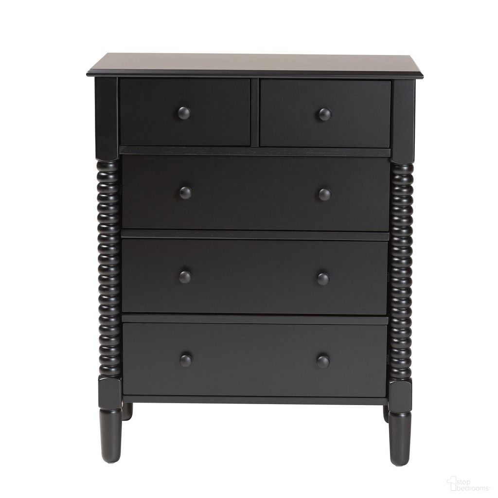 The appearance of Braith Spindle Wood 5-Drawer Chest In Black designed by Baxton Studio in the farmhouse interior design. This black piece of furniture  was selected by 1StopBedrooms from Braith Collection to add a touch of cosiness and style into your home. Sku: SW8000-88CH5D-Black-Chest. Material: Solid Rubberwood.