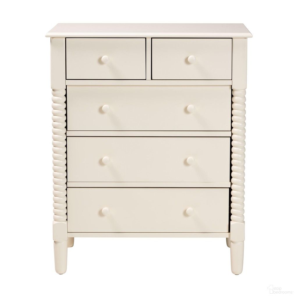 The appearance of Braith Spindle Wood 5-Drawer Chest In Ivory designed by Baxton Studio in the farmhouse interior design. This ivory piece of furniture  was selected by 1StopBedrooms from Braith Collection to add a touch of cosiness and style into your home. Sku: SW8000-88CH5D-Ivory-Chest. Material: Solid Rubberwood.