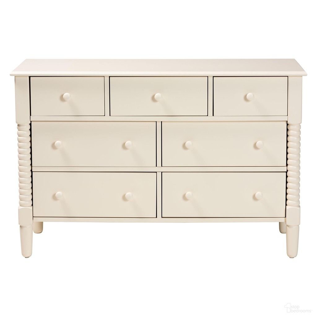The appearance of Braith Spindle Wood 7-Drawer Dresser In Ivory designed by Baxton Studio in the farmhouse interior design. This ivory piece of furniture was selected by 1StopBedrooms from Braith Collection to add a touch of cosiness and style into your home. Sku: SW8000-88D7D-Ivory-Dresser. Material: Solid Rubberwood.