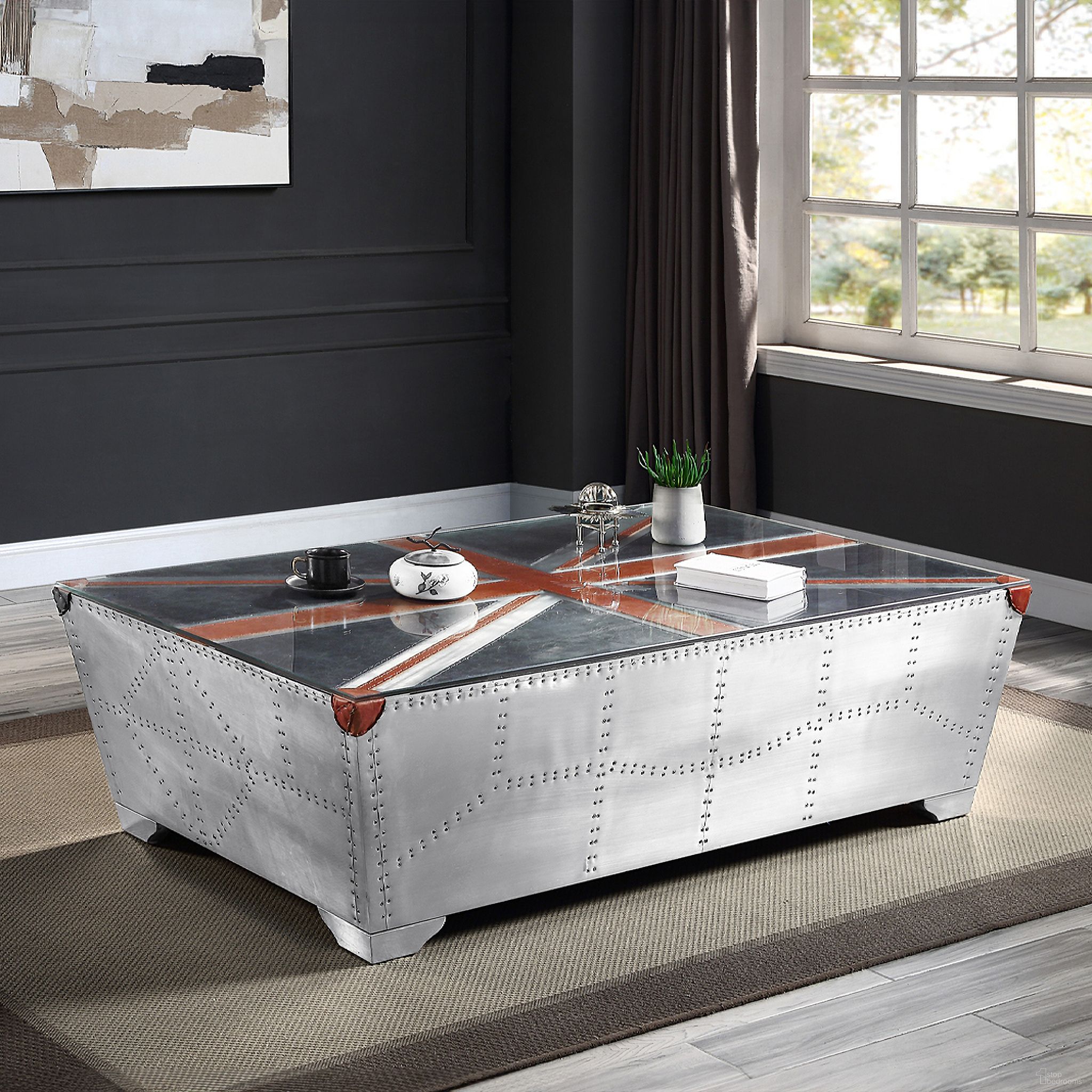 The appearance of Brancaster Coffee Table In Aluminum designed by ACME in the industrial interior design. This aluminum piece of furniture  was selected by 1StopBedrooms from Brancaster Collection to add a touch of cosiness and style into your home. Sku: LV01812-1;LV01812-2. Material: Aluminum.