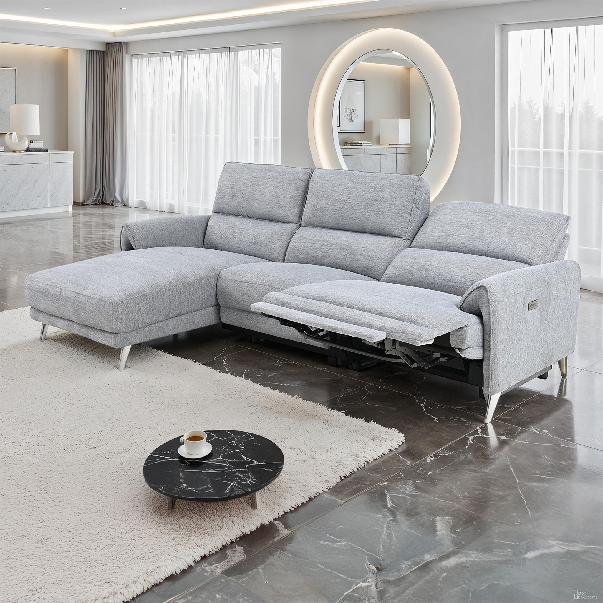 The appearance of Brande Left Chaise Power Sectional In Gray designed by Furniture of America in the modern / contemporary interior design. This gray piece of furniture was selected by 1StopBedrooms from Brande Collection to add a touch of cosiness and style into your home. Sku: CM9938GY-AC;CM9938GY-LCE;CM9938GY-RCH-PM. Material: Chenille. Layout: LAF.