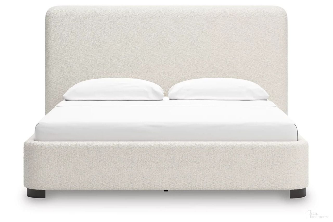The appearance of Brandinlane California King Upholstered Bed In Beige designed by Signature Design by Ashley in the transitional interior design. This beige piece of furniture  was selected by 1StopBedrooms from Brandinlane Collection to add a touch of cosiness and style into your home. Sku: NCB401-95. Material: Fabric. Bed Size: California King. Bed Type: Upholstered Bed.
