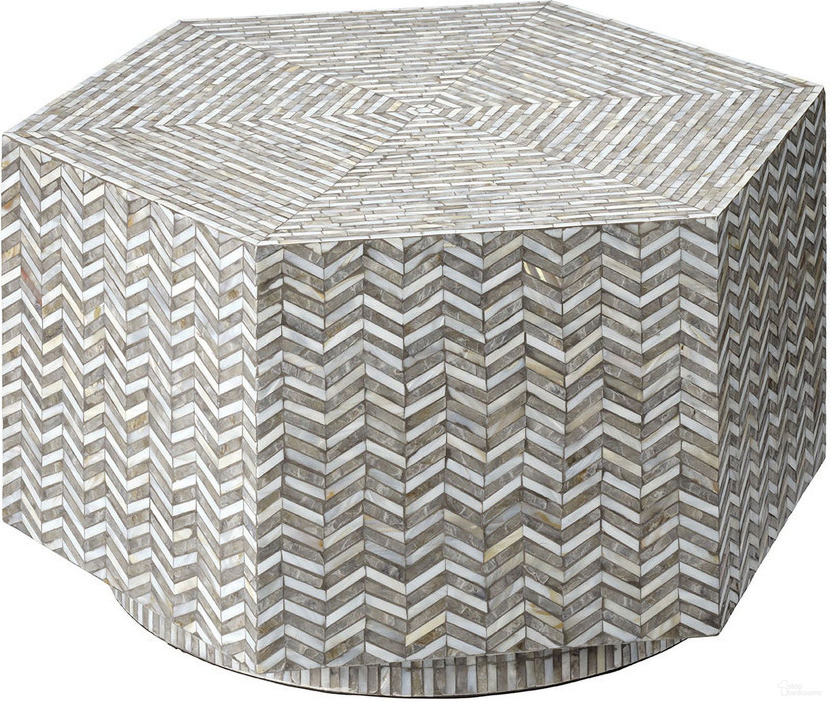 The appearance of Brando Mother Of Pearl Hexagon Coffee Table In Grey designed by Jamie Young Company in the coastal interior design. This grey piece of furniture was selected by 1StopBedrooms from Brando Collection to add a touch of cosiness and style into your home. Sku: 20BRAN-CTGR. Material: Mother of Pearl.