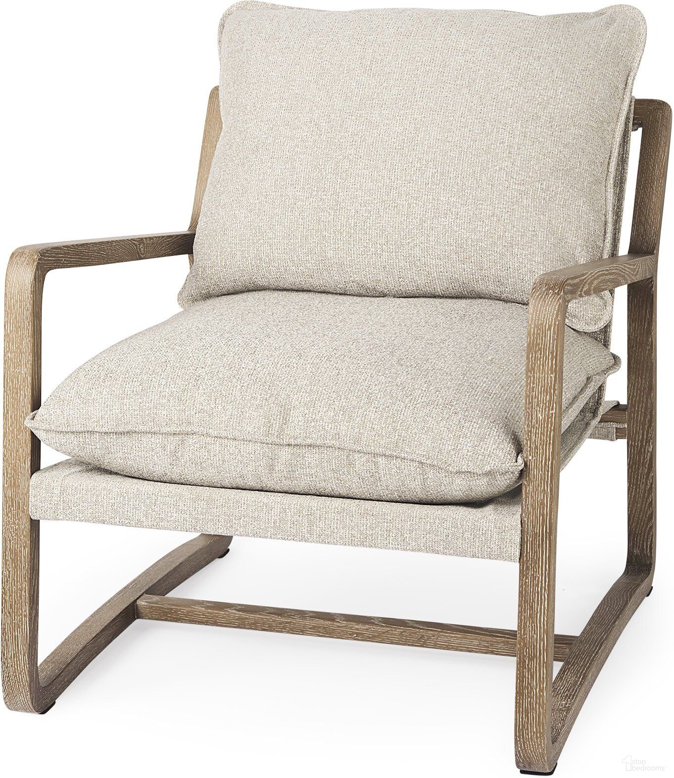 The appearance of Brayden Accent Chair In Light Brown Wood with Beige Fabric Seat designed by Mercana in the transitional interior design. This light brown and beige piece of furniture  was selected by 1StopBedrooms from Brayden Collection to add a touch of cosiness and style into your home. Sku: 69355. Material: Fabric.
