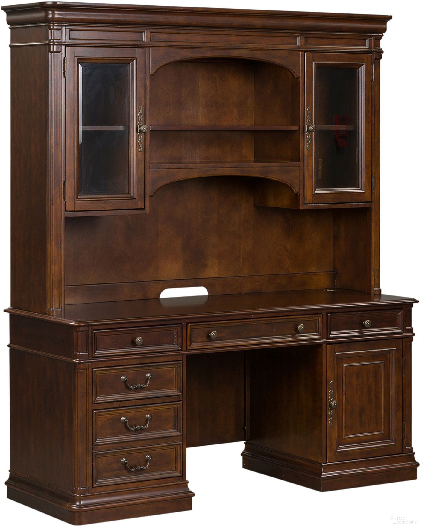The appearance of Brayton Manor Cognac Jr Executive Credenza with Hutch designed by Liberty in the transitional interior design. This brown piece of furniture was selected by 1StopBedrooms from Brayton Manor Collection to add a touch of cosiness and style into your home. Sku: 273-HO120B;273-HO120T;273-HO131. Material: Wood.