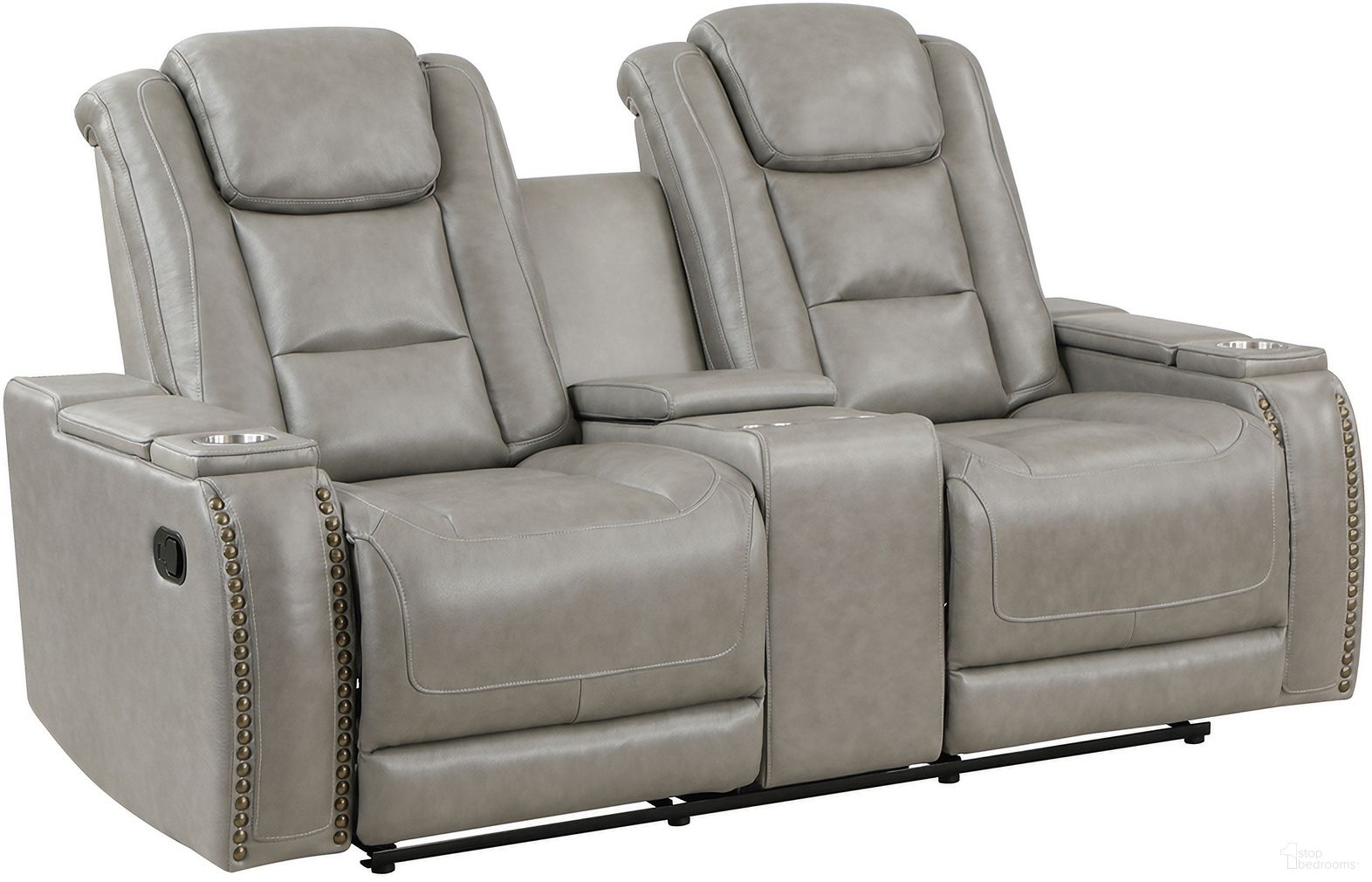 The appearance of Breckenridge II Console Loveseat with Dual Recliners In Light Gray designed by New Classic in the modern / contemporary interior design. This light gray piece of furniture was selected by 1StopBedrooms from Breckenridge Collection to add a touch of cosiness and style into your home. Sku: L3183A-25-LGY. Material: Leather.