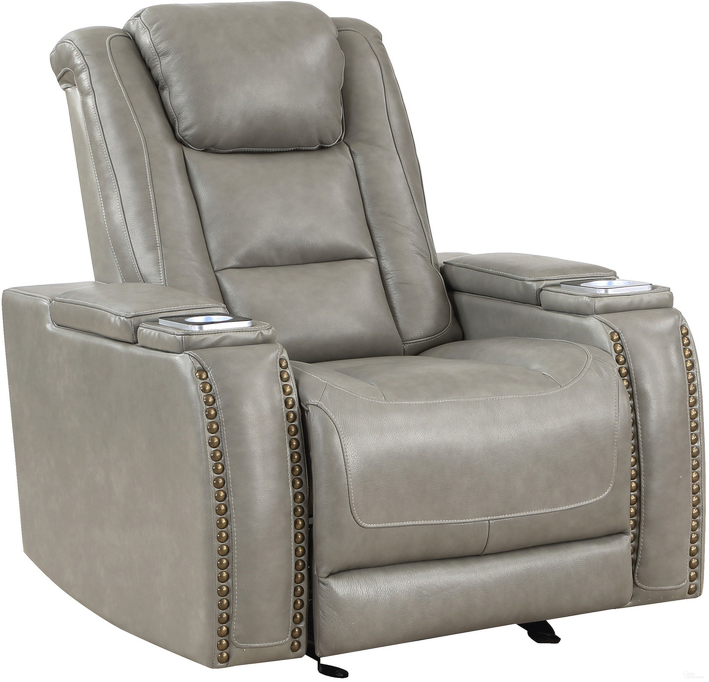 The appearance of Breckenridge II Glider Recliner with Power Footrest and Headrest In Light Gray designed by New Classic in the modern / contemporary interior design. This light gray piece of furniture  was selected by 1StopBedrooms from Breckenridge Collection to add a touch of cosiness and style into your home. Sku: L3183A-13P2-LGY. Material: Leather.