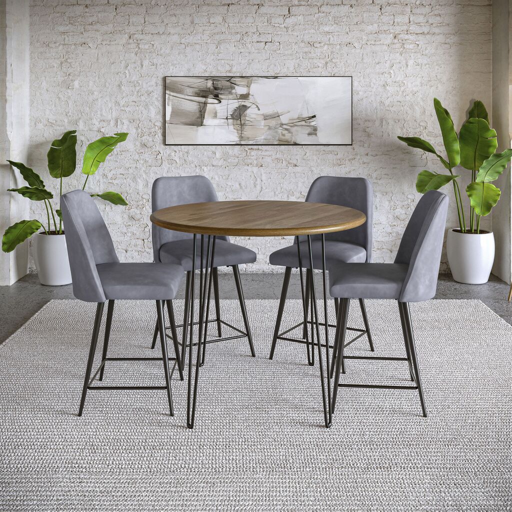 The appearance of Brennan 5 Piece Round Counter Height Dining Set with Upholstered Barstools In Grey designed by Jofran in the modern / contemporary interior design. This grey piece of furniture was selected by 1StopBedrooms from Brennan Collection to add a touch of cosiness and style into your home. Sku: 2271-BRENNANCTG;2271-MADDOXSTGRY;2271-MADDOXSTGRY. Material: Iron.