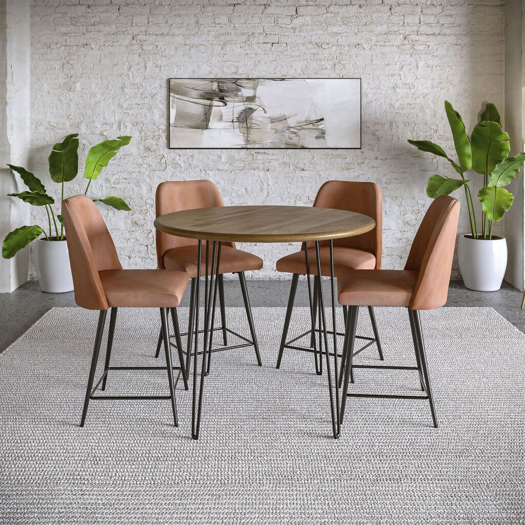 The appearance of Brennan Five Piece Round Modern Solid Wood Counter Height Dining Set With Upholstered Barstools In Light Brown designed by Jofran in the modern / contemporary interior design. This light brown piece of furniture was selected by 1StopBedrooms from Brennan Collection to add a touch of cosiness and style into your home. Sku: 2271-BRENNANCTG;2271-MADDOXSTLBN;2271-MADDOXSTLBN. Material: Plywood.