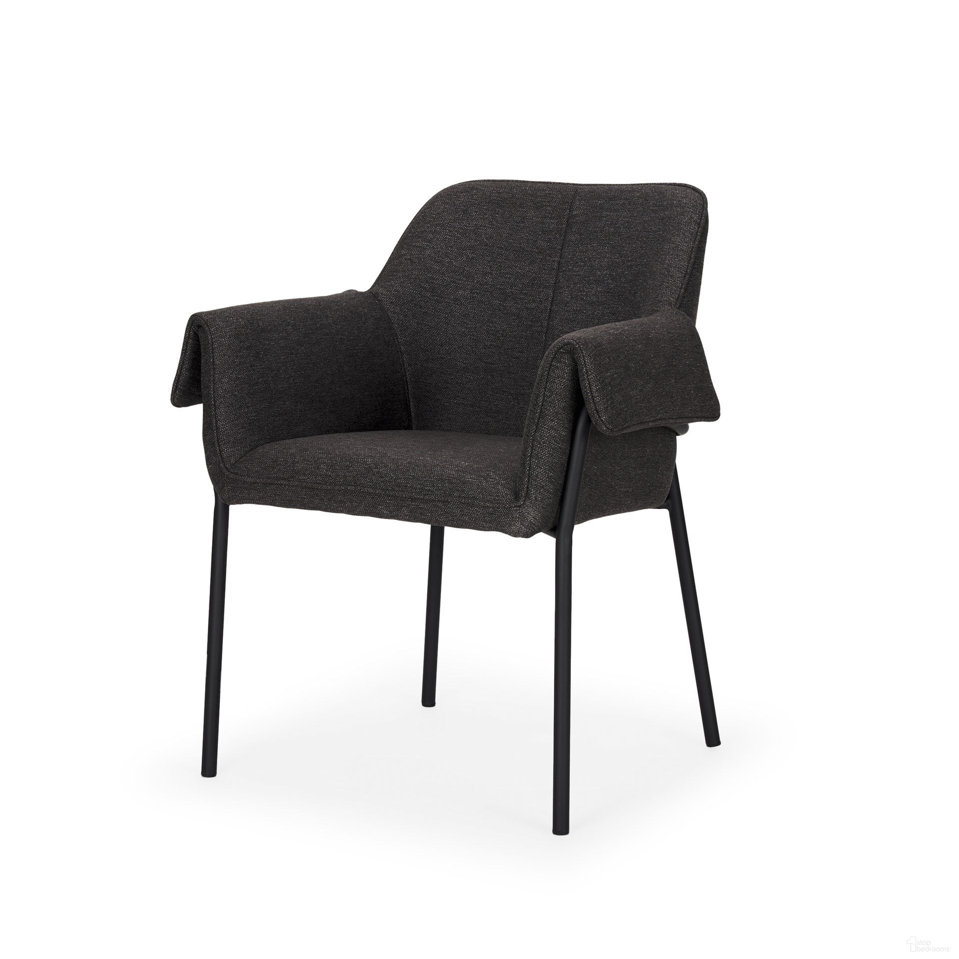 The appearance of Brently Matte Black Metal Legs Dining Chair  Set Of 2 In Gray Fabric designed by Mercana in the modern / contemporary interior design. This gray and black piece of furniture  was selected by 1StopBedrooms from Brently Collection to add a touch of cosiness and style into your home. Sku: 70249. Material: Metal. Chair Type: Arm Chair.