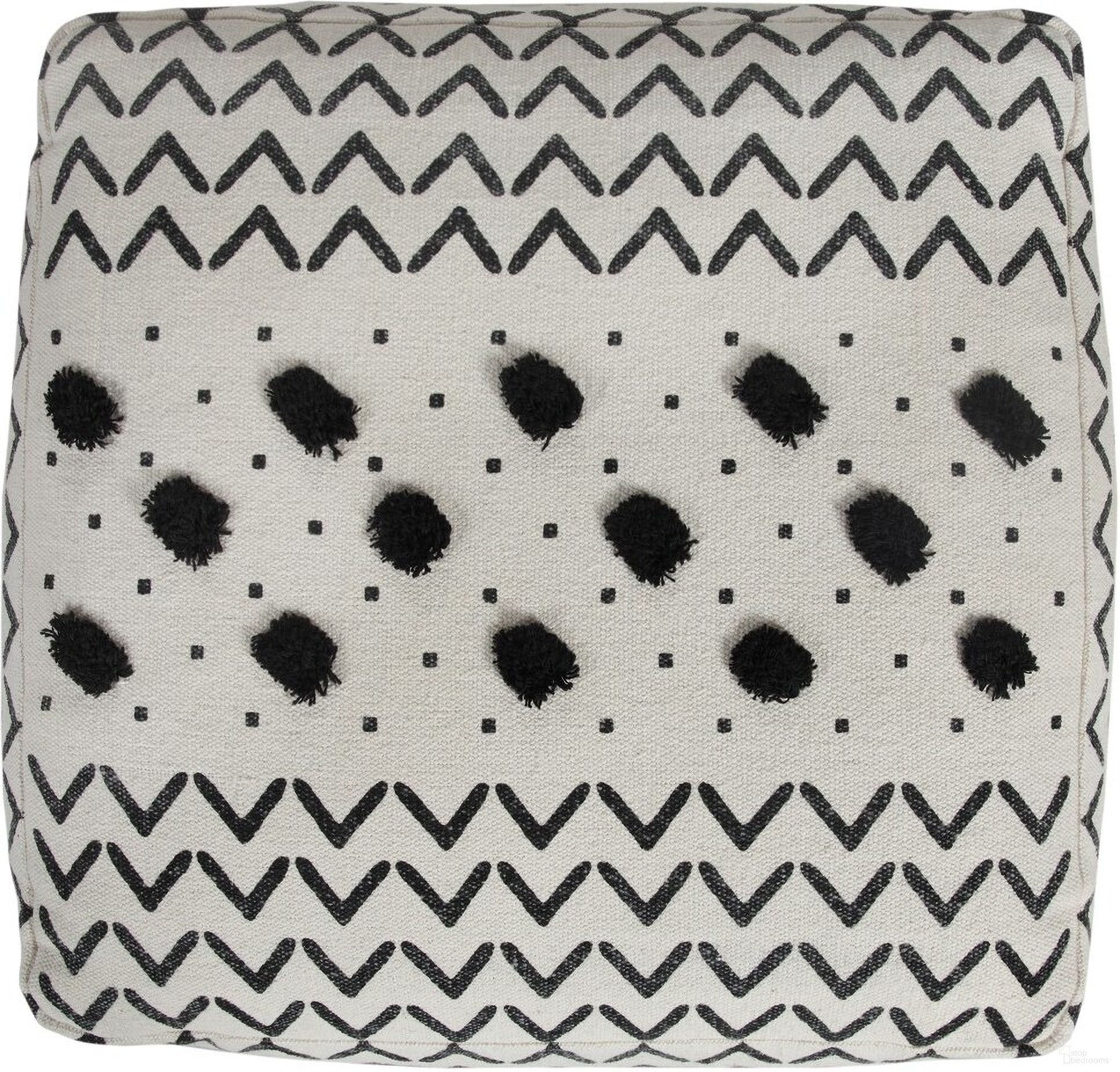 Brento Chevron Hand-Woven All-Natural Cotton Ottoman Pouf In White and Black