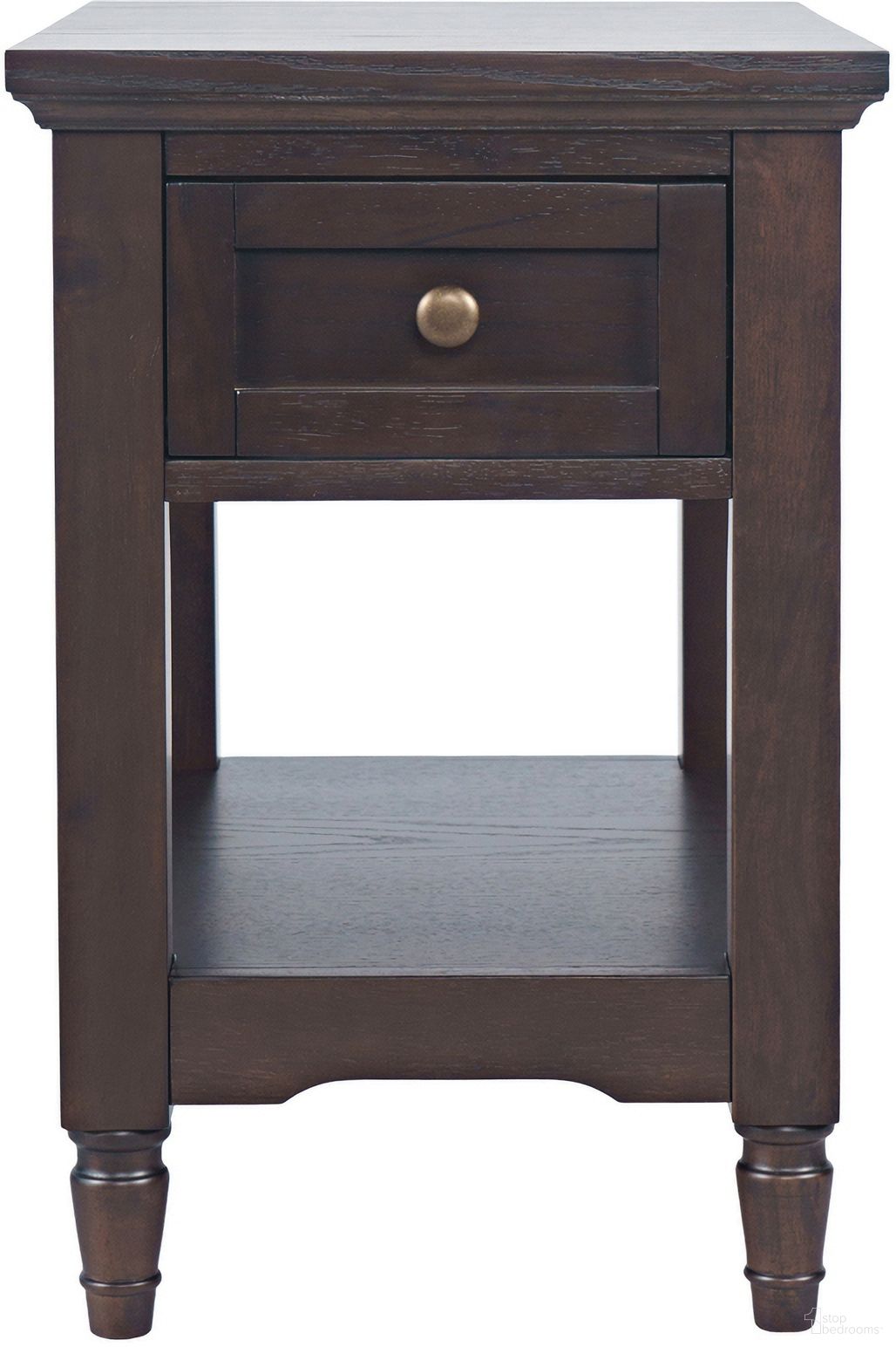 The appearance of Brentwood Chairside End Table with Drawer and Storage Shelf In Arbor Oak and Brown designed by Jofran in the transitional interior design. This arbor oak/brown piece of furniture was selected by 1StopBedrooms from Brentwood Collection to add a touch of cosiness and style into your home. Sku: 2520-7. Material: Rubberwood.