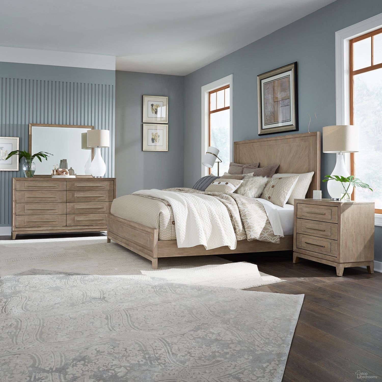 The appearance of Brentwood Panel Bedroom Set In Sandstone designed by Liberty in the modern / contemporary interior design. This sandstone piece of furniture was selected by 1StopBedrooms from Brentwood Collection to add a touch of cosiness and style into your home. Sku: 789-BR13;789-BR14;789-BR90;789-BR61. Bed Size: California King. Material: Oak Veneer.