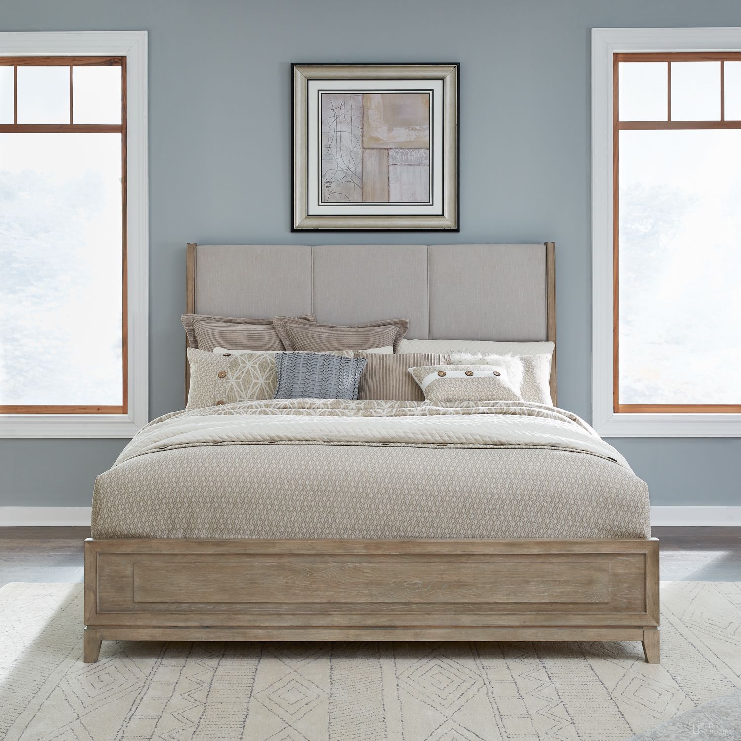 The appearance of Brentwood Queen Upholstered Bed In Sandstone designed by Liberty in the modern / contemporary interior design. This sandstone piece of furniture was selected by 1StopBedrooms from Brentwood Collection to add a touch of cosiness and style into your home. Sku: 789-BR13HU;789-BR14;789-BR90. Bed Size: Queen. Material: Solid Rubberwood. Bed Type: Upholstered Bed.