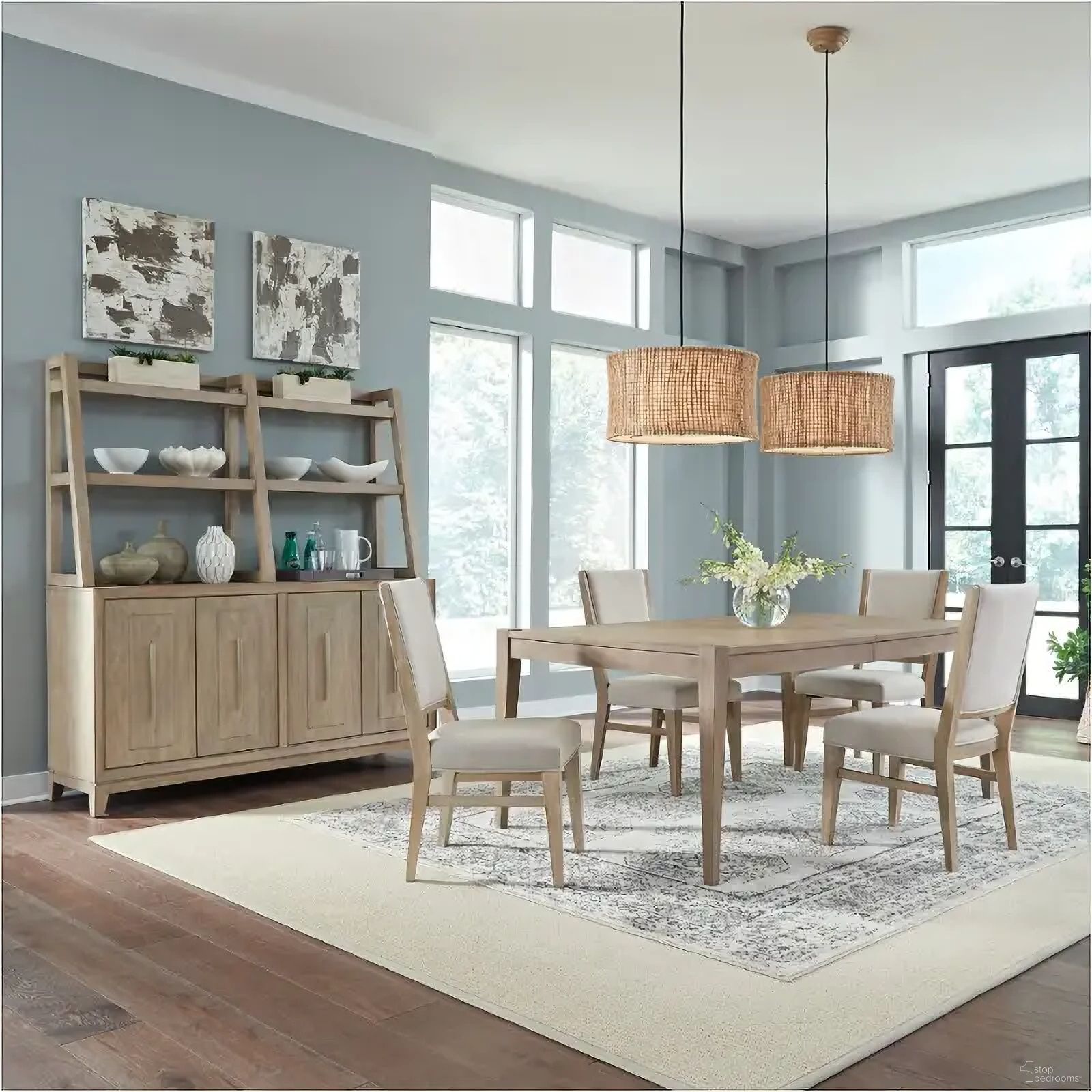 The appearance of Brentwood Rectangular Dining Set In Sandstone designed by Liberty in the modern / contemporary interior design. This sandstone piece of furniture  was selected by 1StopBedrooms from Brentwood Collection to add a touch of cosiness and style into your home. Sku: 789-T4292;789-C6501S. Table Top Shape: Rectangular. Size: 92" x 42". Material: Oak Veneer.