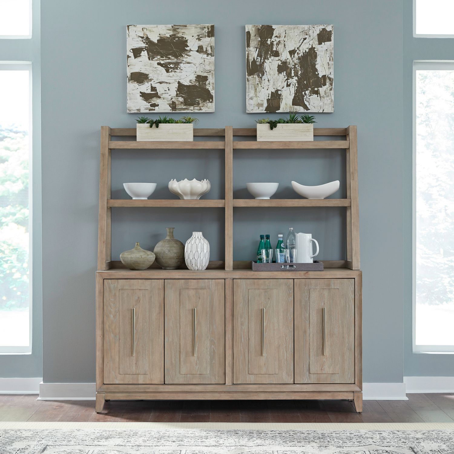 The appearance of Brentwood Sideboard and Hutch In Sandstone designed by Liberty in the modern / contemporary interior design. This sandstone piece of furniture was selected by 1StopBedrooms from Brentwood Collection to add a touch of cosiness and style into your home. Sku: 789-SB6836;789-SH6838. Material: Solid Rubberwood.