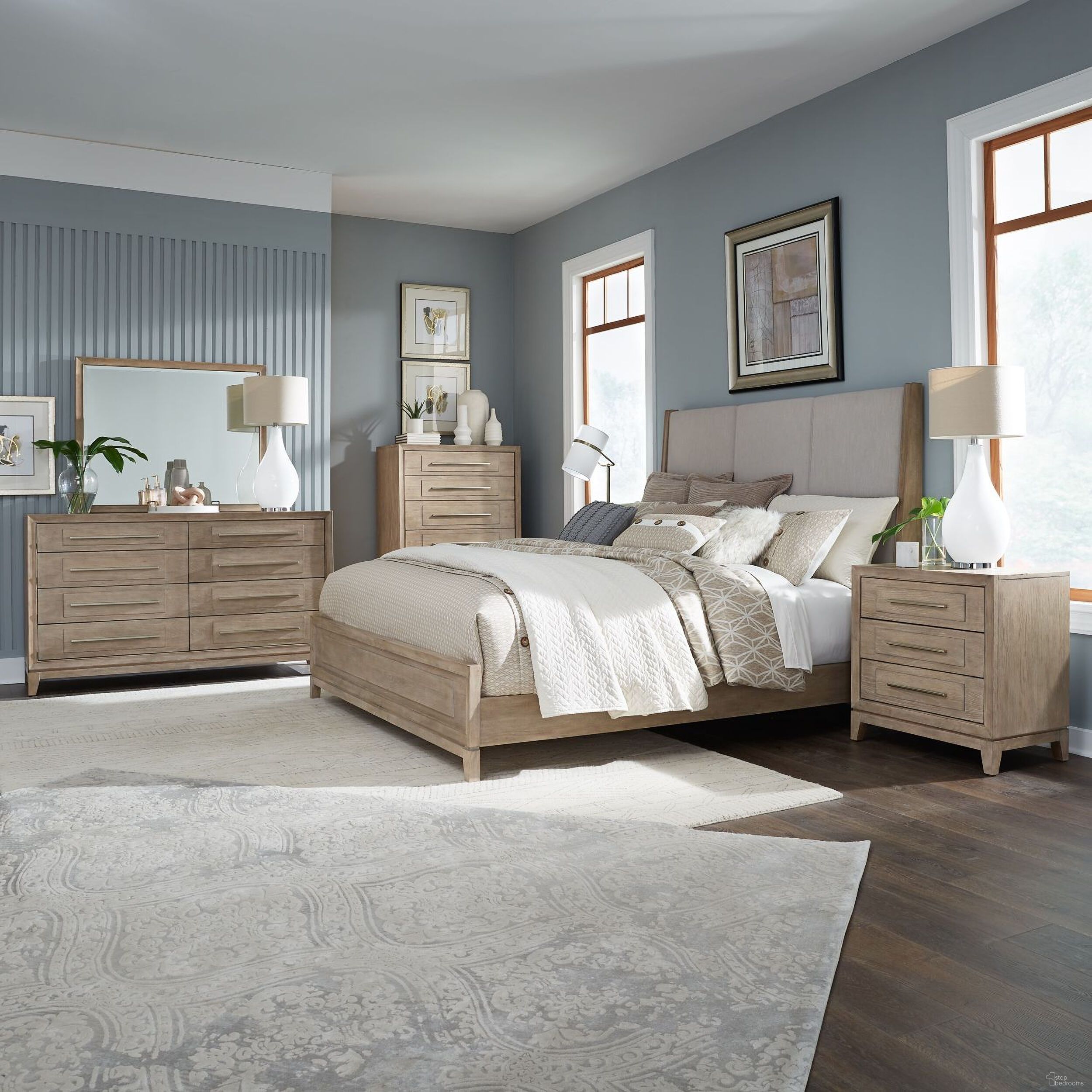 The appearance of Brentwood Upholstered Bedroom Set In Sandstone designed by Liberty in the modern / contemporary interior design. This sandstone piece of furniture  was selected by 1StopBedrooms from Brentwood Collection to add a touch of cosiness and style into your home. Sku: 789-BR13HU;789-BR14;789-BR90;789-BR61. Bed Size: California King. Material: Oak Veneer.